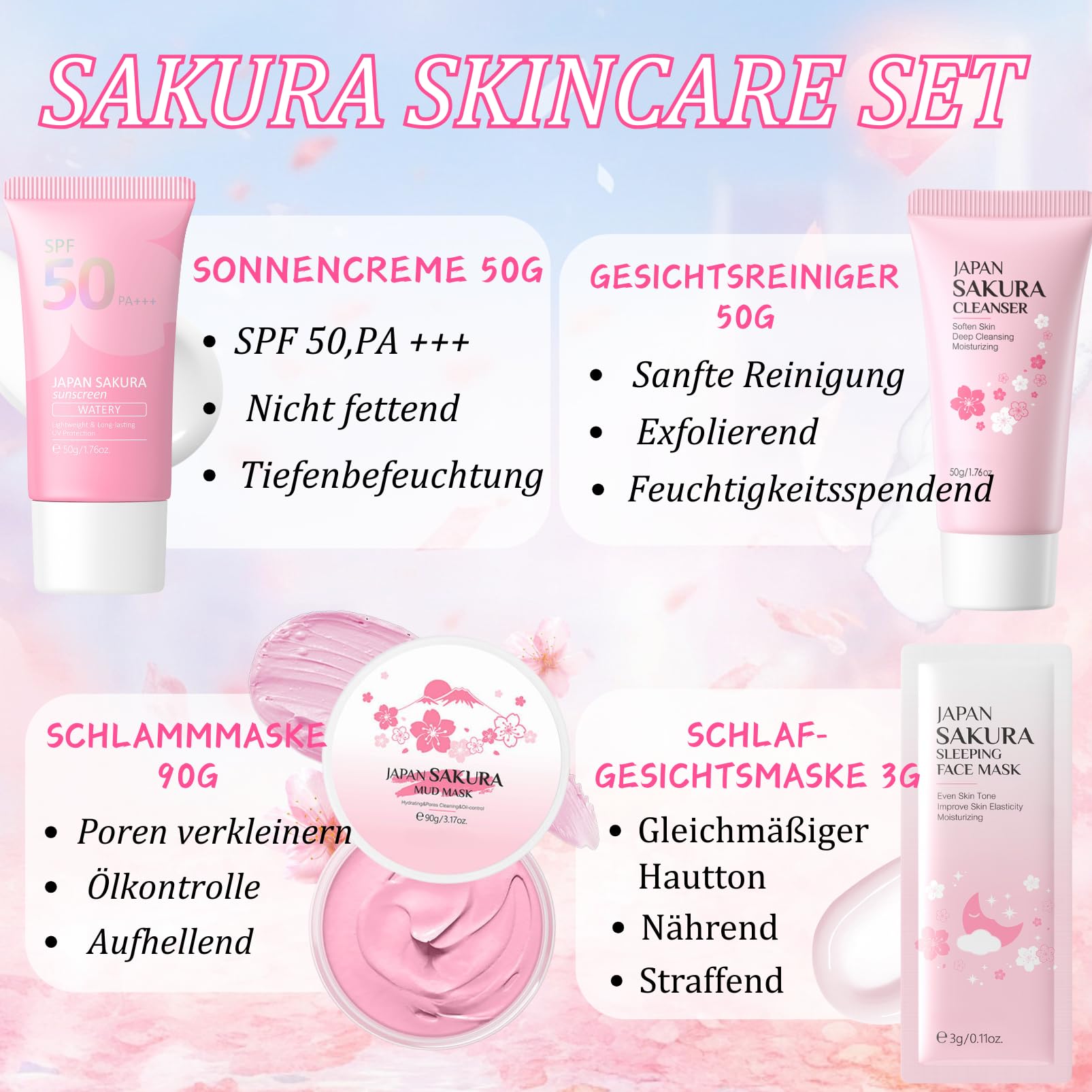 Sakura Skin Care Set Teenager Mädchen Geschenke - Skincare Set 11 Stück - Hautpflege Beauty Set Frauen - Anti Aging & Nährend Gesichtspflege Set - Damen Geschenkset - Mit Schlammmaske,Serum,Creme