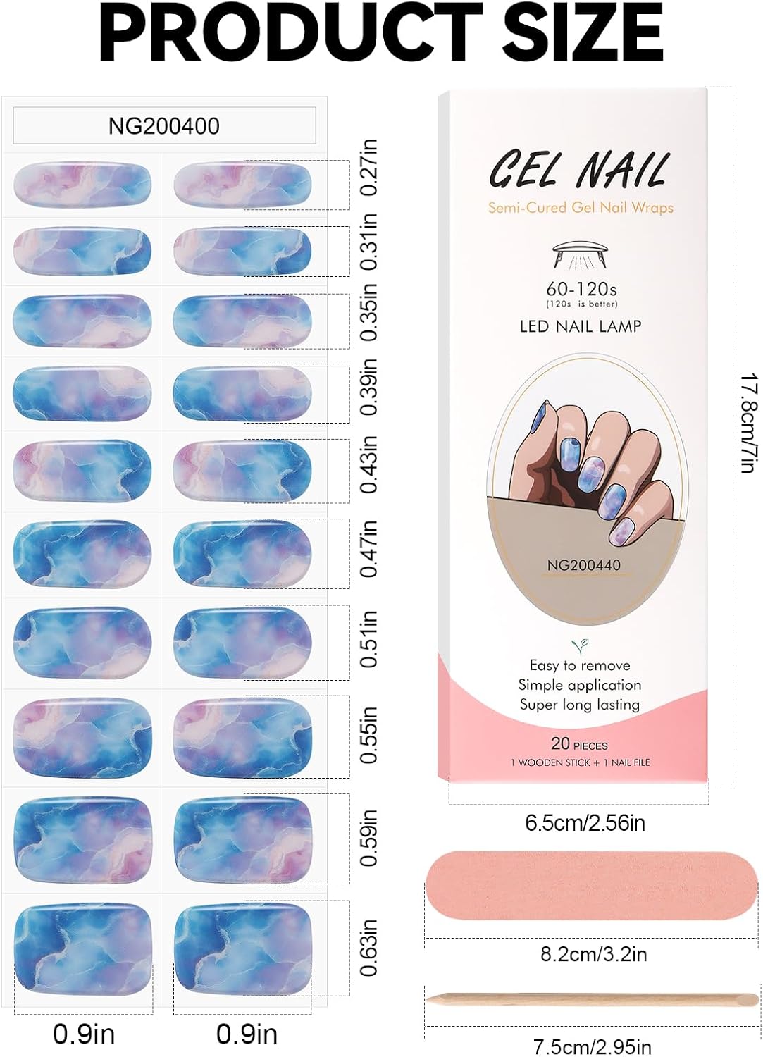 EBANKU Semi Cured Gel Nail Strips, Dark Blue Pink Marble 20PCS UV Gel Nail Stickers Summer Gel Nail Wraps for Home Nail DIY, Including Nail File, Nail Stick- UV Light Required