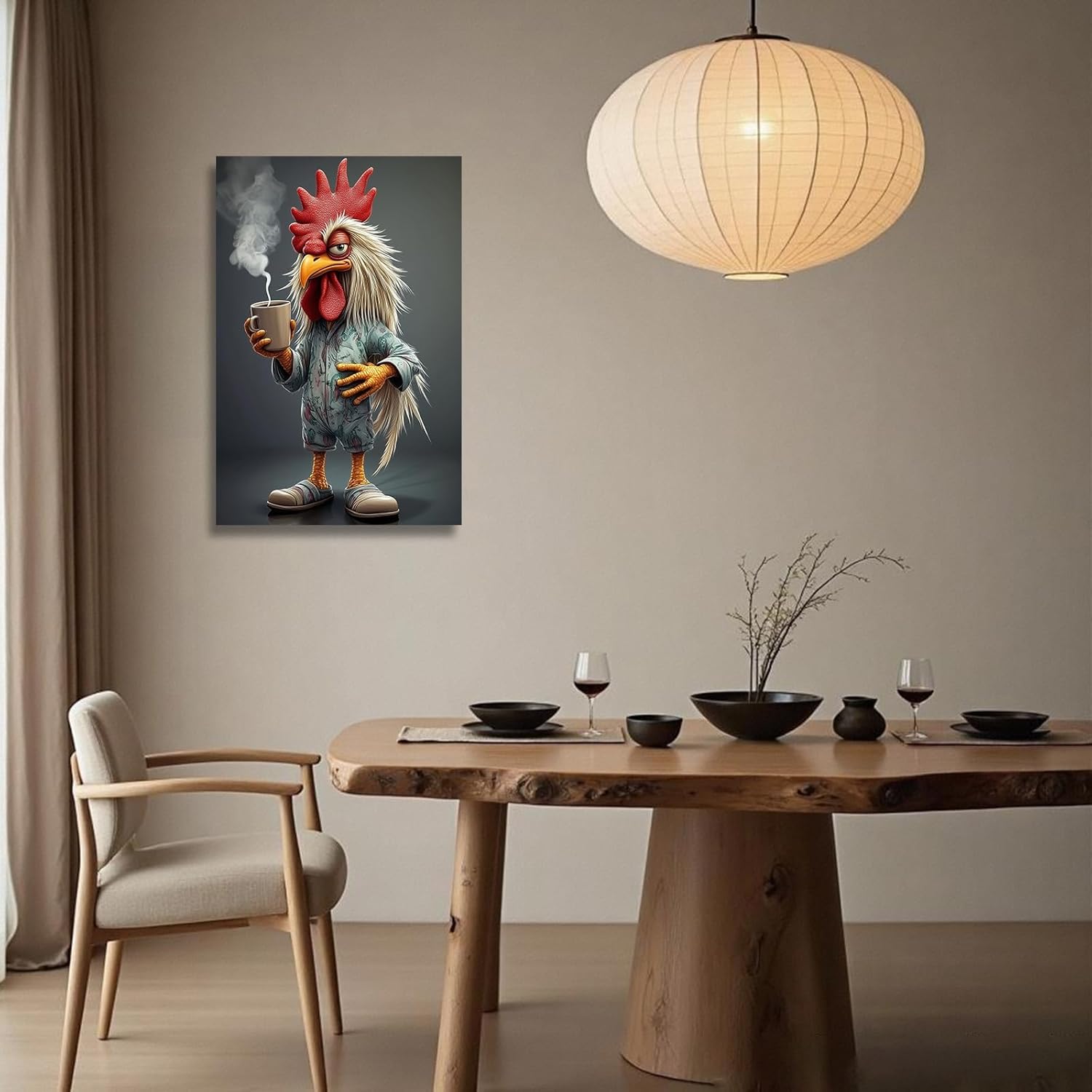 YMXDYMJSW Funny Chicken Wall Art Abstract Rooster Drinking Coffee Pictures Whimsical Chicken Canvas Prints Farmhouse Animal Paintings for Kitchen Decor Frame (18L x 12W)
