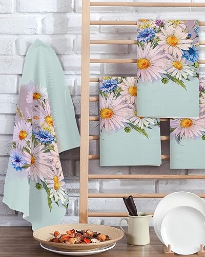 Miniatura 2 de Kitchen Towel 2 Packs Cotton Waffle Weave, Watercolor Daisy Spring 16 x 24 Inch Absorbent Quick Drying Dish Towels Clothes for Kitchen Living Room