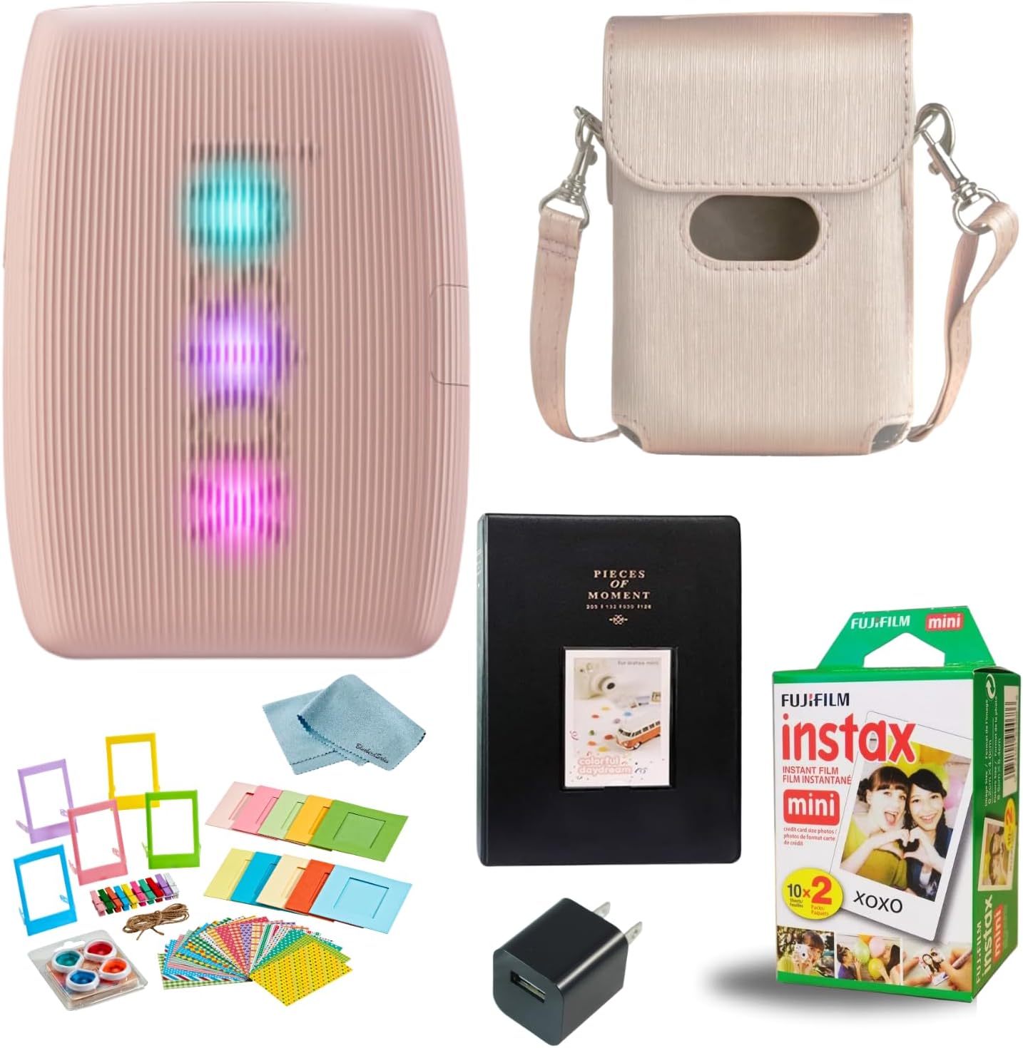 Fujifilm INSTAX Mini Link 3 Smartphone Printer + INSTAX Mini Instant Film (20 Sheets) + USB Wall Charger + BluebirdSales Travel Bag, Photo Album, Microfiber Cleaning Cloth (Rose Pink)