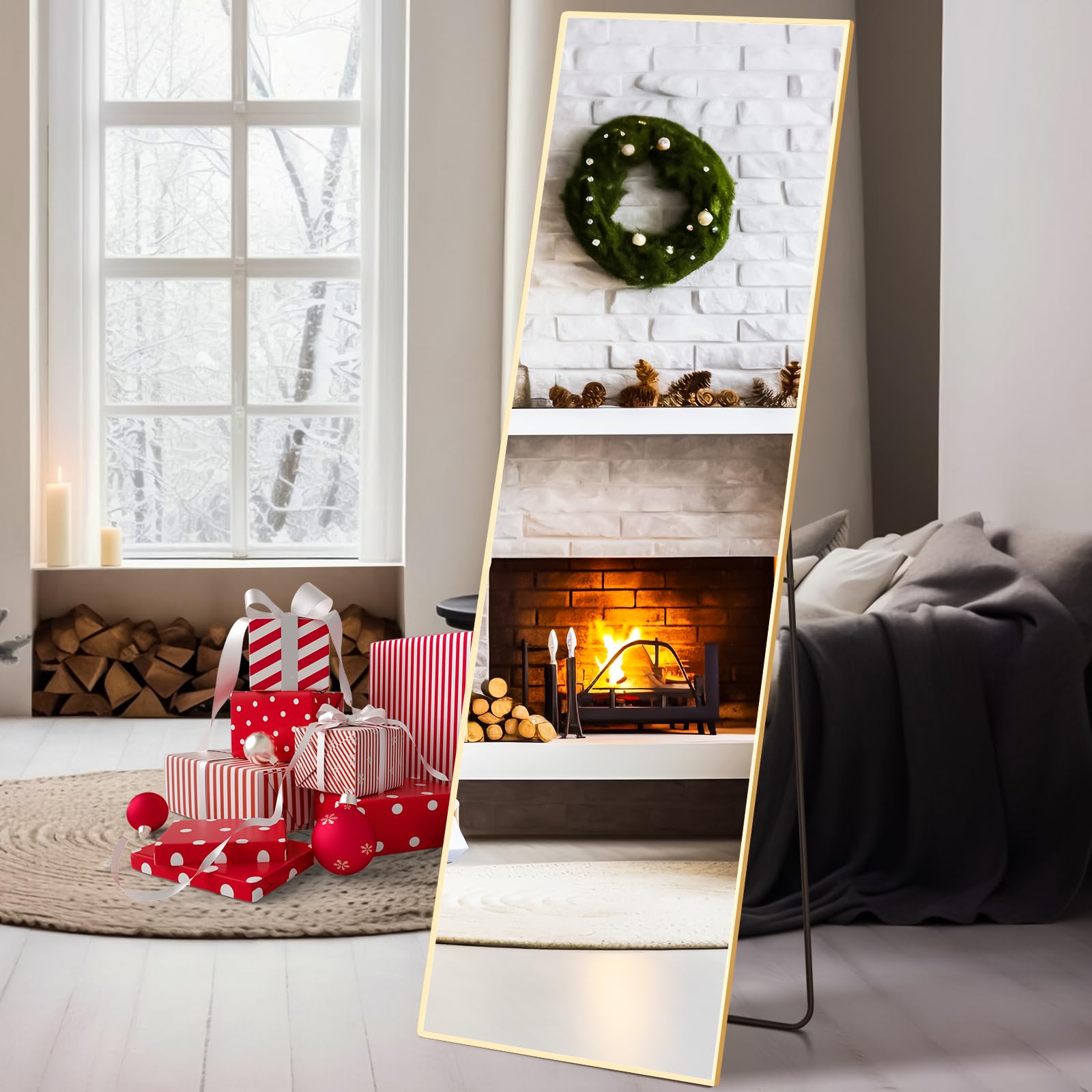 Sweetcrispy Full Length Mirror 59"x16" Full Body Floor Mirror Standing Hanging or Leaning Wall, Wall-Mounted Mirror with Stand Aluminum Alloy Thin Frame for Bedroom Cloakroom Living Room,Gold