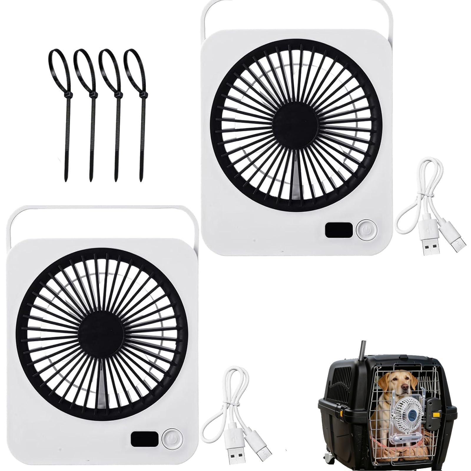 Ventola di raffreddamento per animali domestici, ricaricabile e alimentata tramite USB, ultra silenziosa, a 5 velocità, per gabbie, trasportini e cucce, include fascette riutilizzabili (versione 2025
