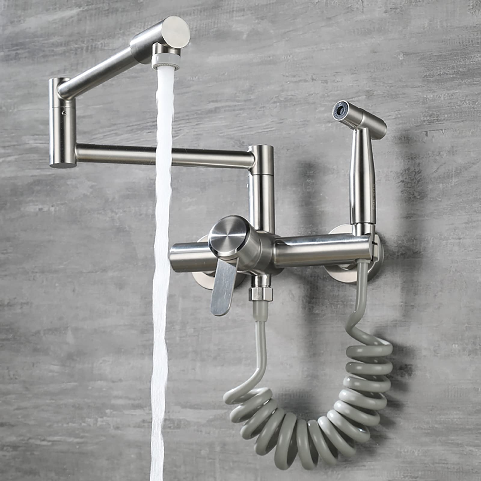 Grifo Cocina Pared, 304 Acero Inoxidable Material,2 Modos De Salida De Agua,mezclador De Pared Plegable,grifo Pared Con Pistola (Cepillado)