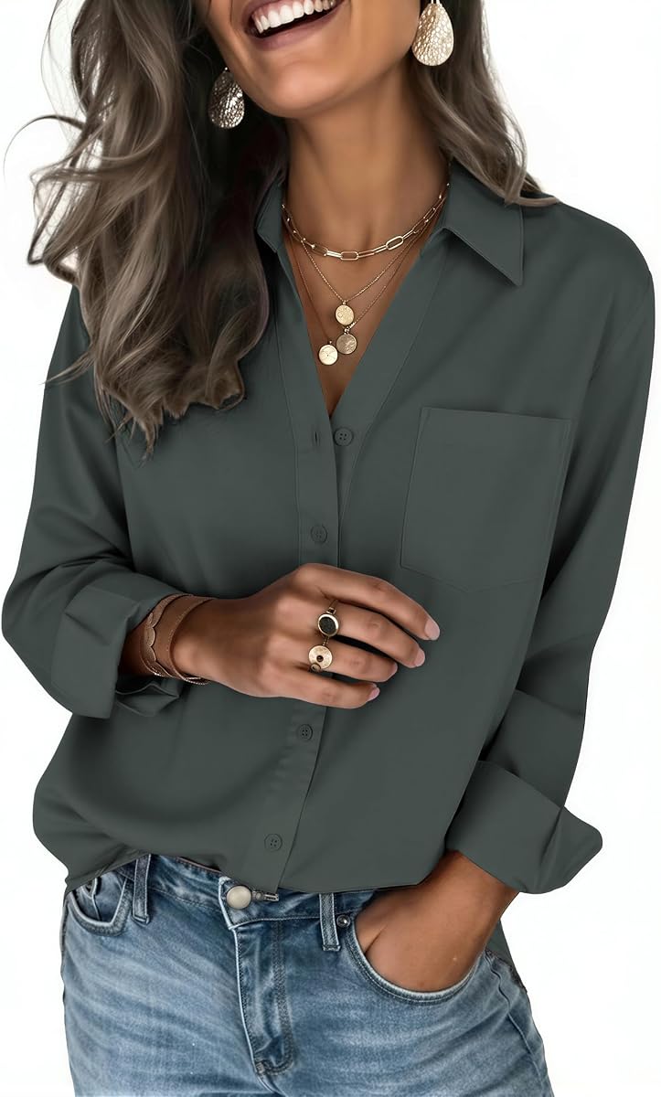 Zeagoo Blusas para mujer de manga larga, elegantes y casuales, con botones | Tops con cuello para mujer, trajes de trabajo informales de negocios, ropa para otoño y primavera