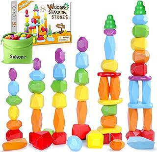 42PCS Wooden Sorting Stacking Rocks Preschool Learning Aids Montessori Toys for Toddlers 1-3 Building Blocks Balancing Stones Sensory Toys for 1 2 3 4 5 6 Year Old Boys and Girls Gift for Kids