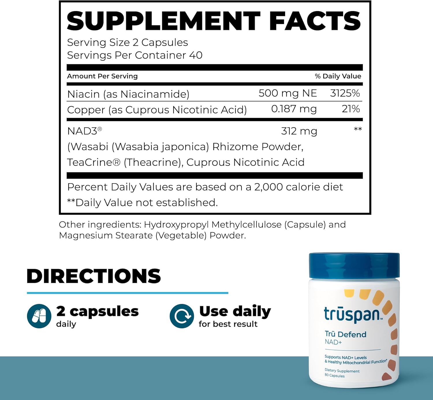 TruSpan Tru Defend NAD+ Supplement, Niacinamide 500mg, Cellular Energy & Metabolic Support, NAD Booster for Energy, 80 Capsules, 40 Servings