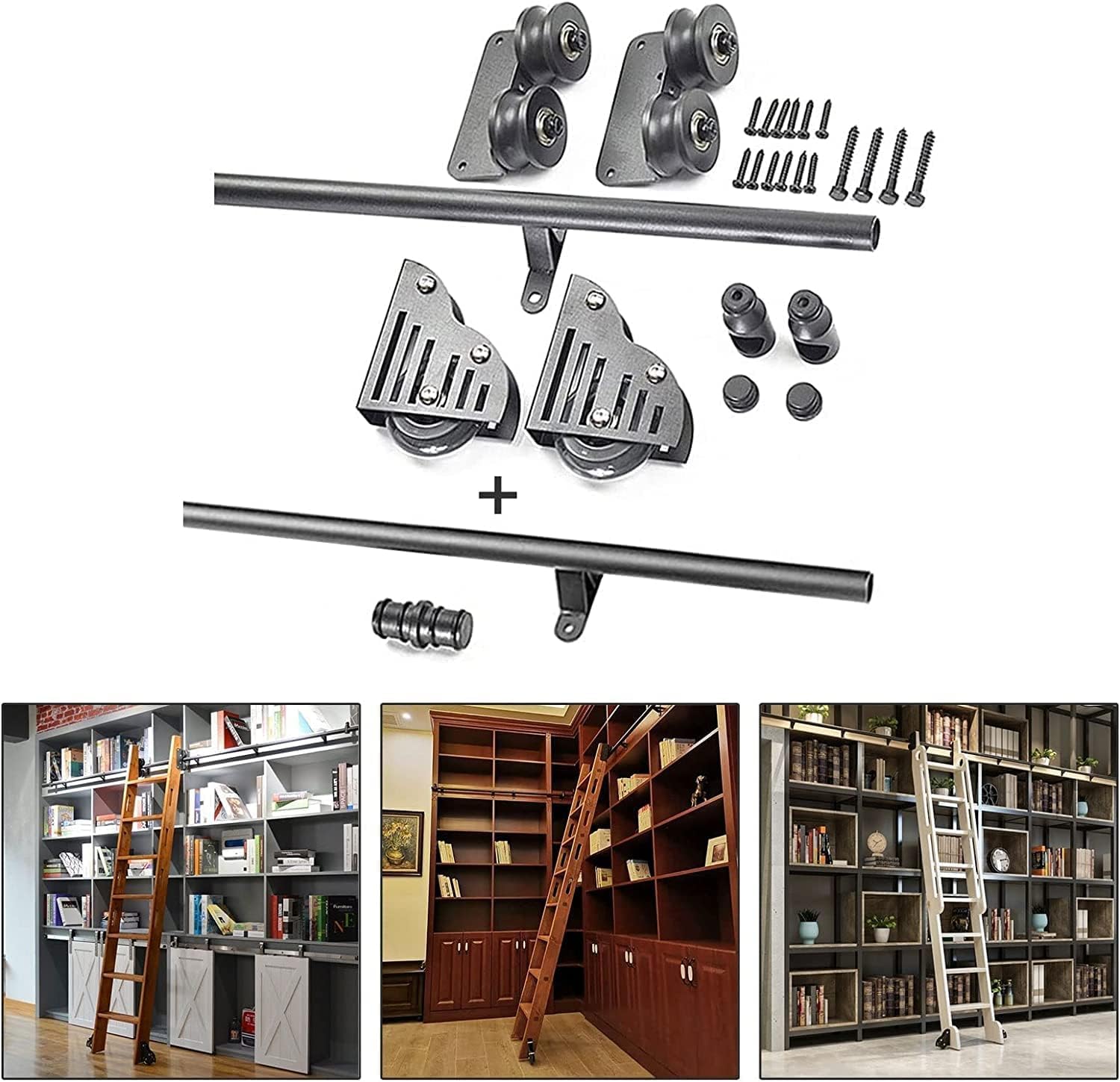 Kit de rail d'échelle mobile de 200cm pour bibliothèque roulante noire à tube rond