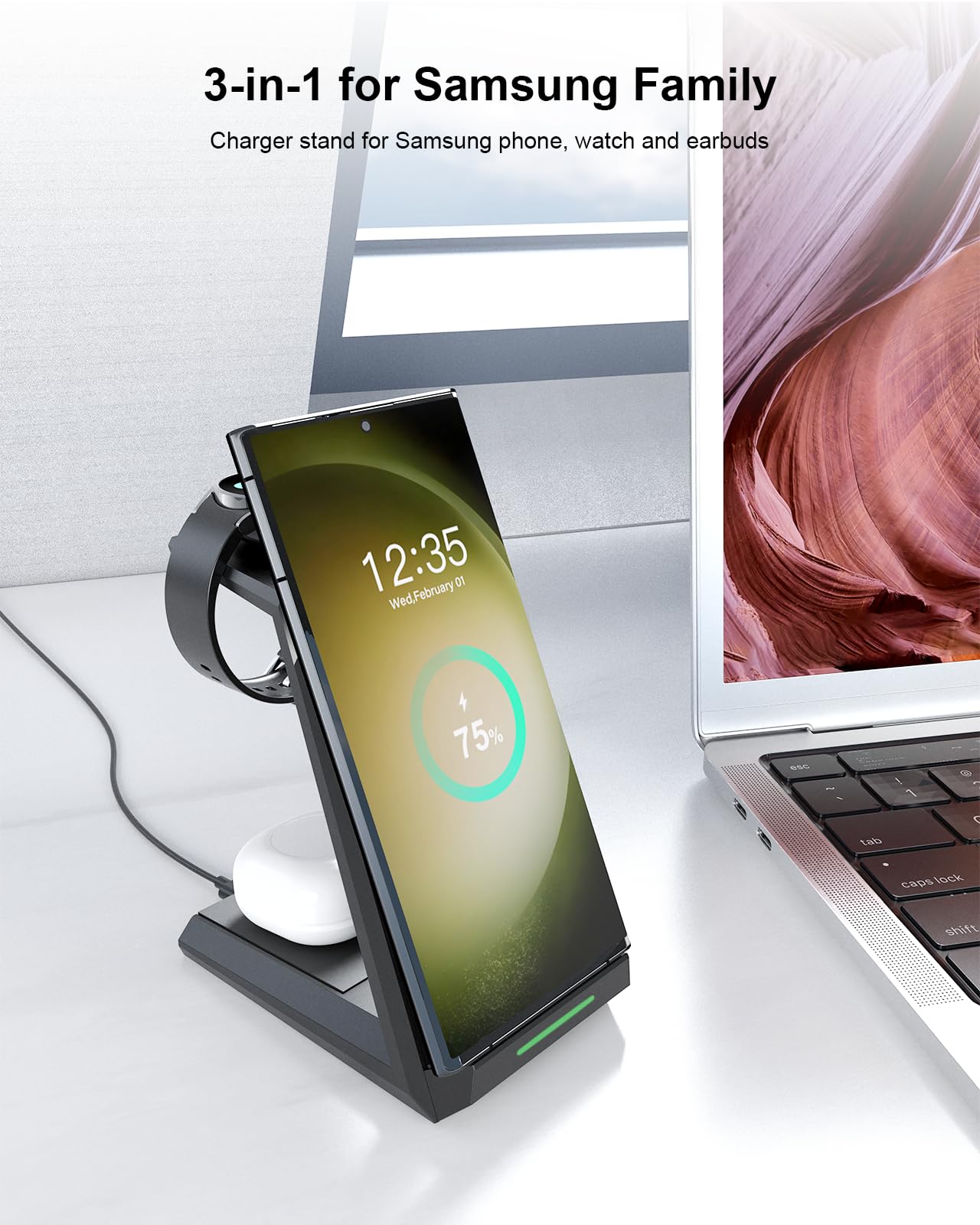 Wireless Charger for Samsung, ADADPU 3 in 1 Charging Station for Multi Devices Fast Charger Stand Dock for Galaxy S25 S24 S23 S22 S21,Galaxy Watch 7/6/5/4/3/Pro,Galaxy Buds(with 5ft Cable & Adapter)