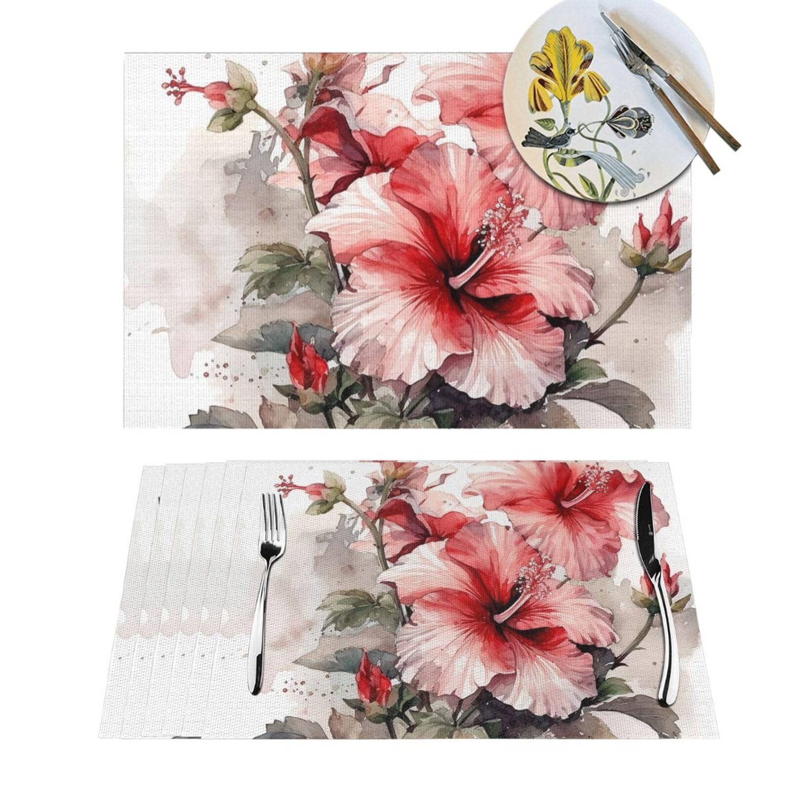 Sets de table thermorésistants et lavables motif hibiscus pour cuisine propre