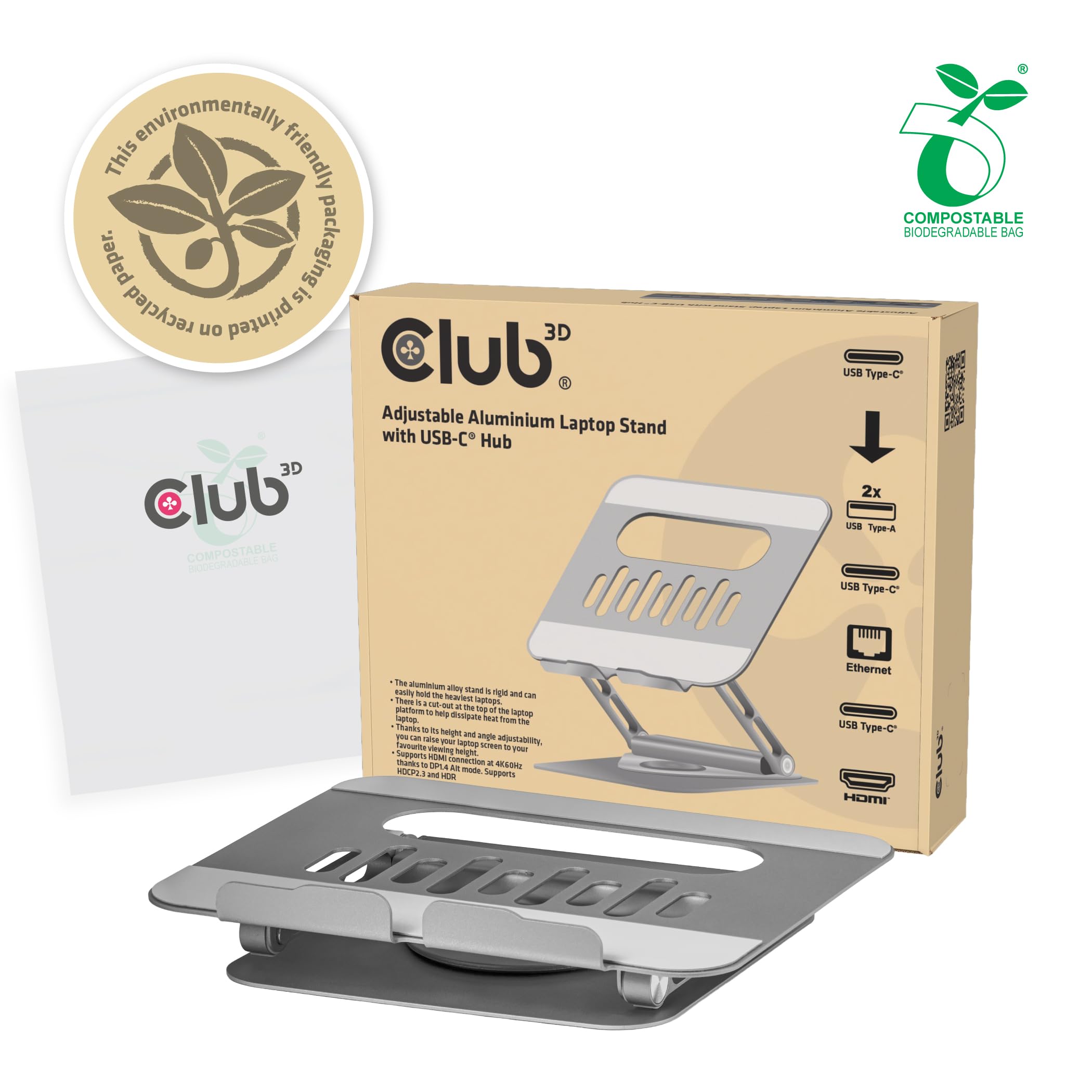 Club3D CSV-2554 - Supporto per laptop in alluminio regolabile con hub USB-C