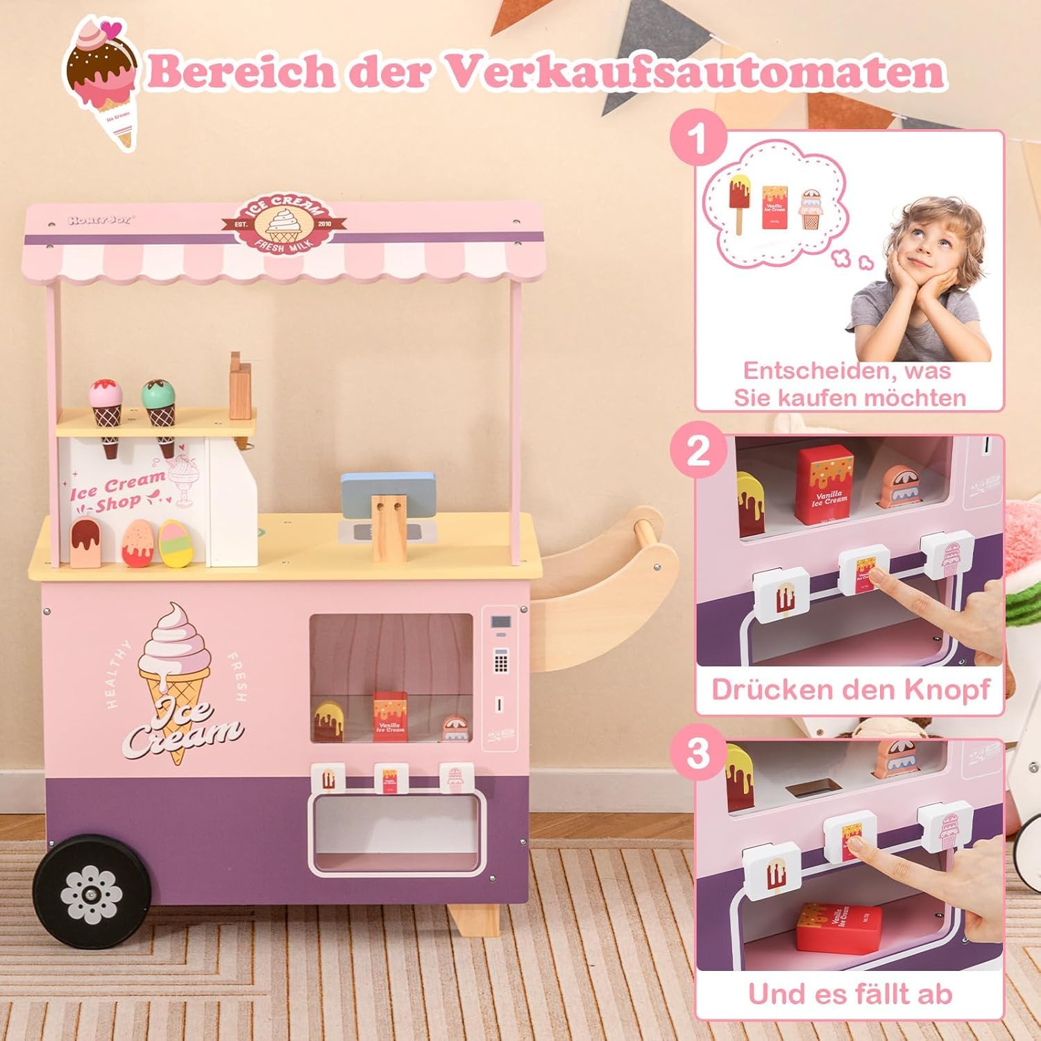 FANTASK Chariot à Glace pour Enfant Rose avec 15 Accessoires, Magasin en Bois avec sorbetière, Caisse enregistreuse, Scanner et Distributeur Automatique, Magasin de marchands et crème glacée, Jouet