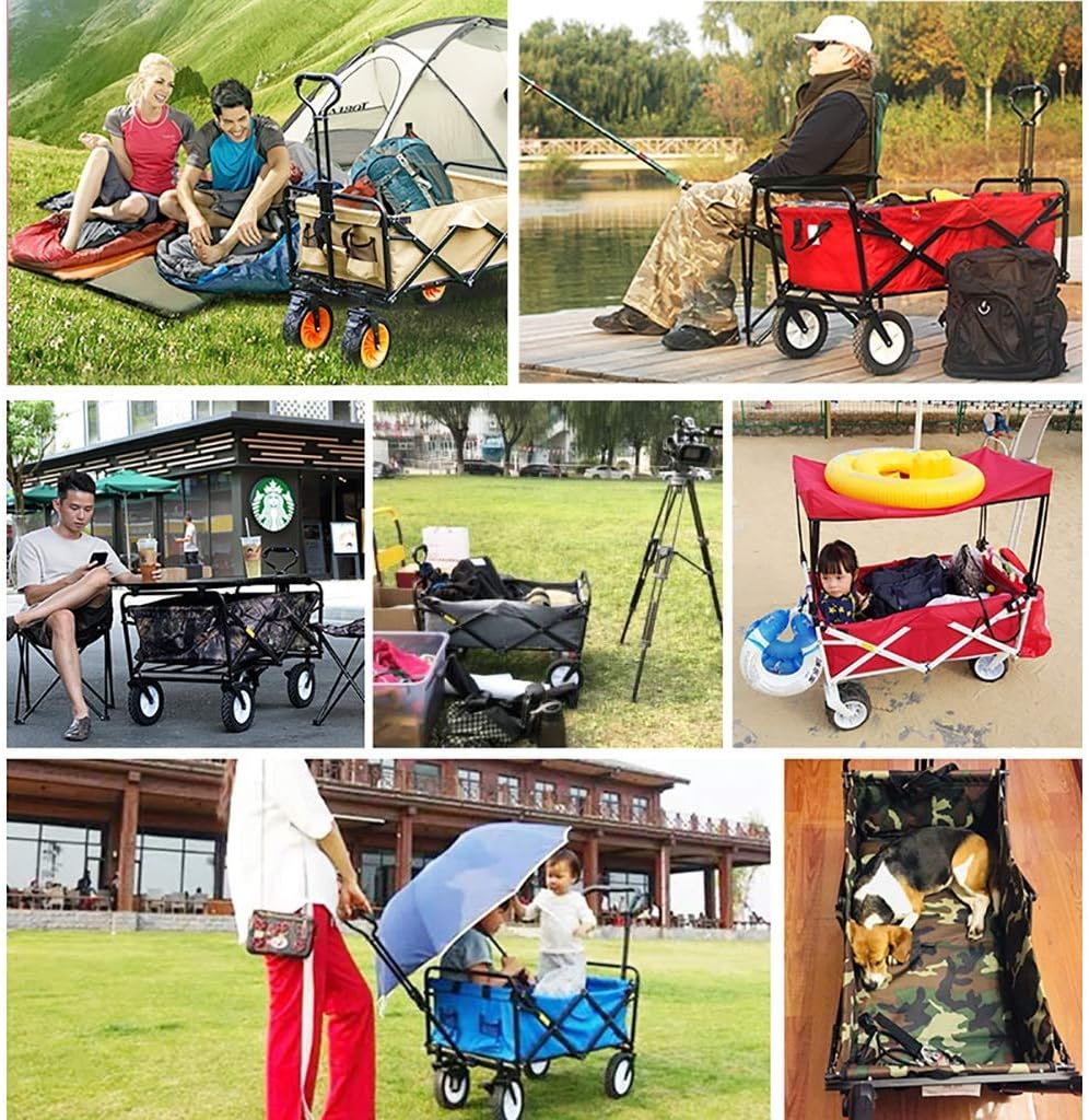 Folding Garden Trolley Cart with Canopy Heavy Duty Wagon Children's Luggage Cart Portable Shopping Cart for Outdoor Camping Push-Pull Cart, Load: 80kg
