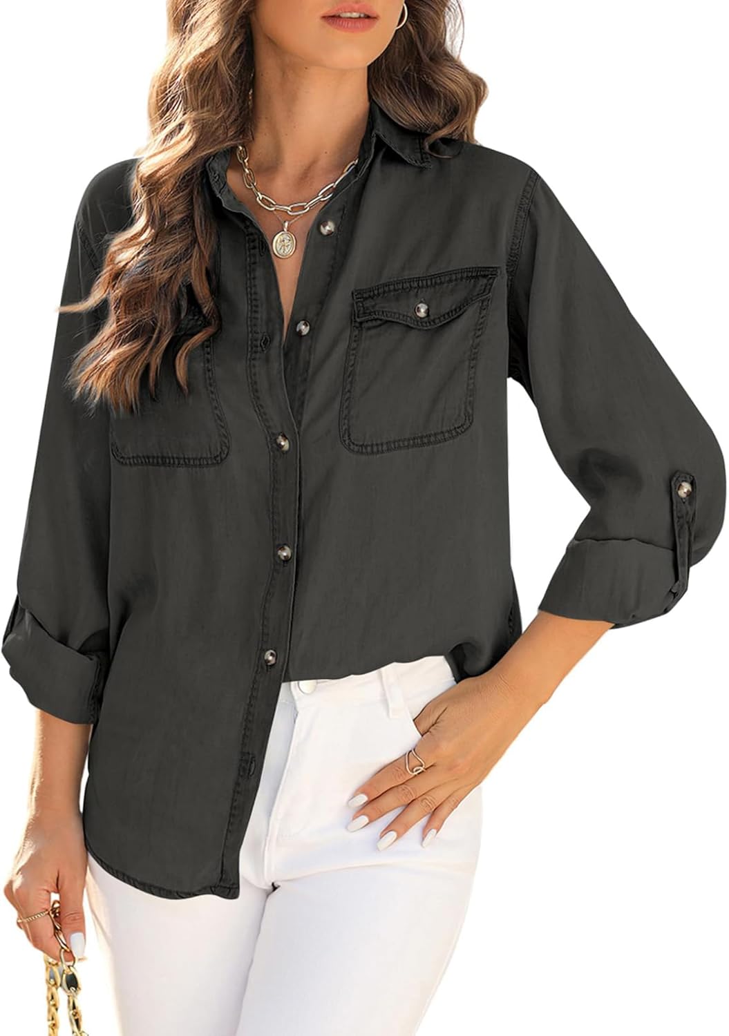 Women Button Down Chambray Denim Shirt Collared Long Sleeve Blouse Business Casual Tops with Pockets - Image 6