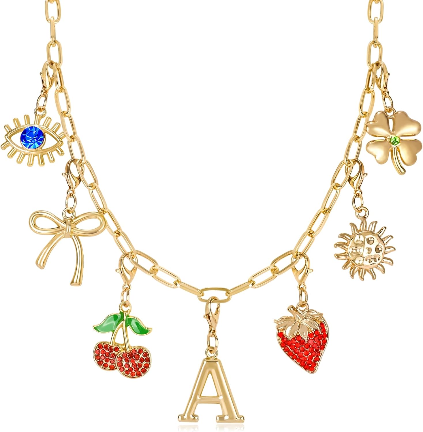 Initial Charm Necklace for Women, Evil Eye Four-Leaf Clover Sun Bow Cherry Strawberry Removable Charms Necklace Paper Clip Chain Choker, Trendy Jewelry Birthday Christmas Gifts for Her (Letter A )