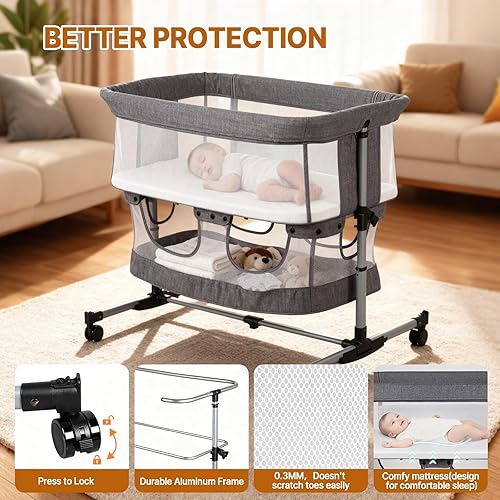 Miniatura 7 de Moisés de noche, cuna 3 en 1, cuna mecedora de 5 alturas ajustables, malla completa transpirable, mosquitera, cesta de almacenamiento, moisés