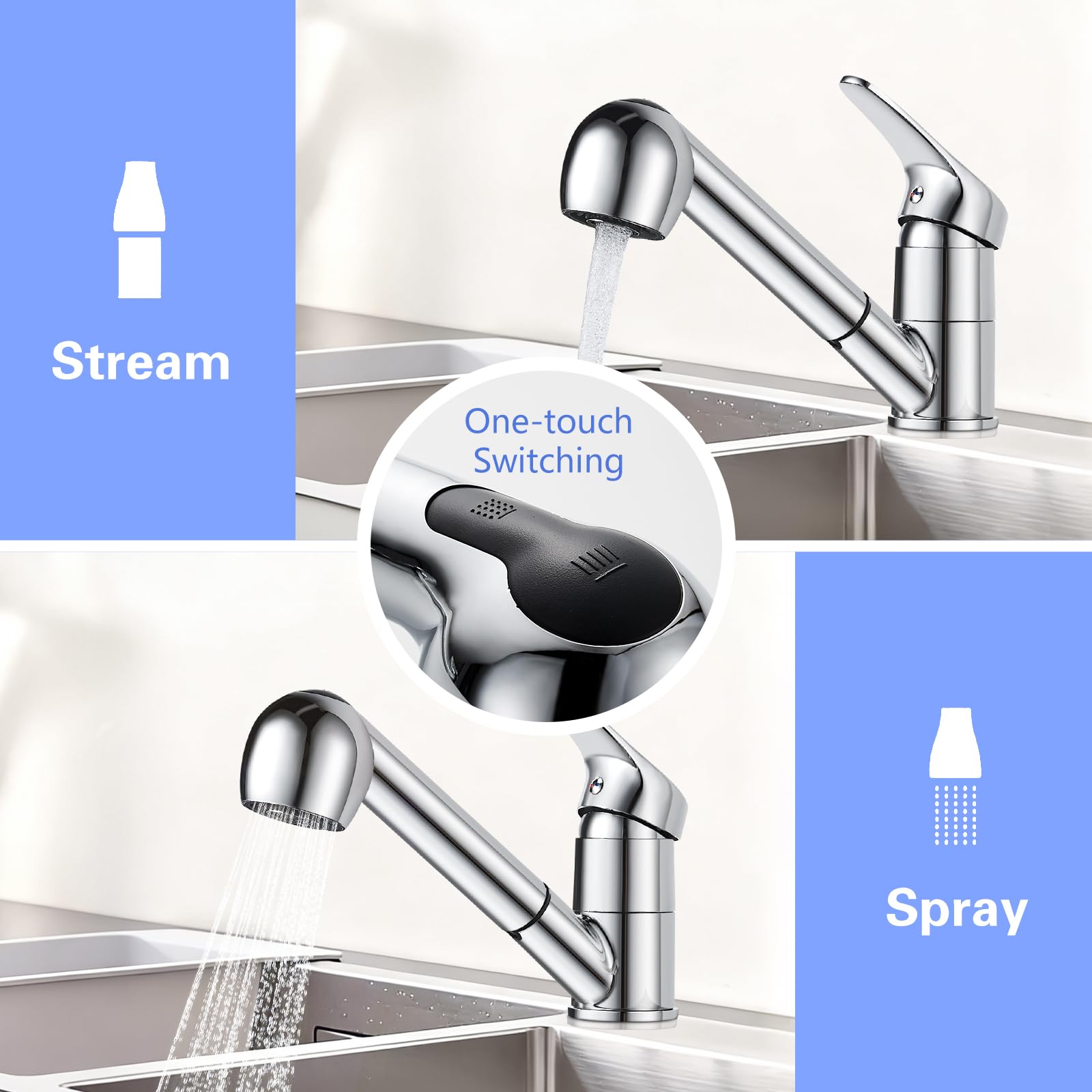 Namuoto Küchenarmatur Ausziehbar, 360° Drehbar Wasserhahn Küche, Spültischarmatur Küche mit Säulentyp Wasserauslass und Duschwasserauslass 2 Modus, Einhandmischer Mischbatterie für Küche Chrom