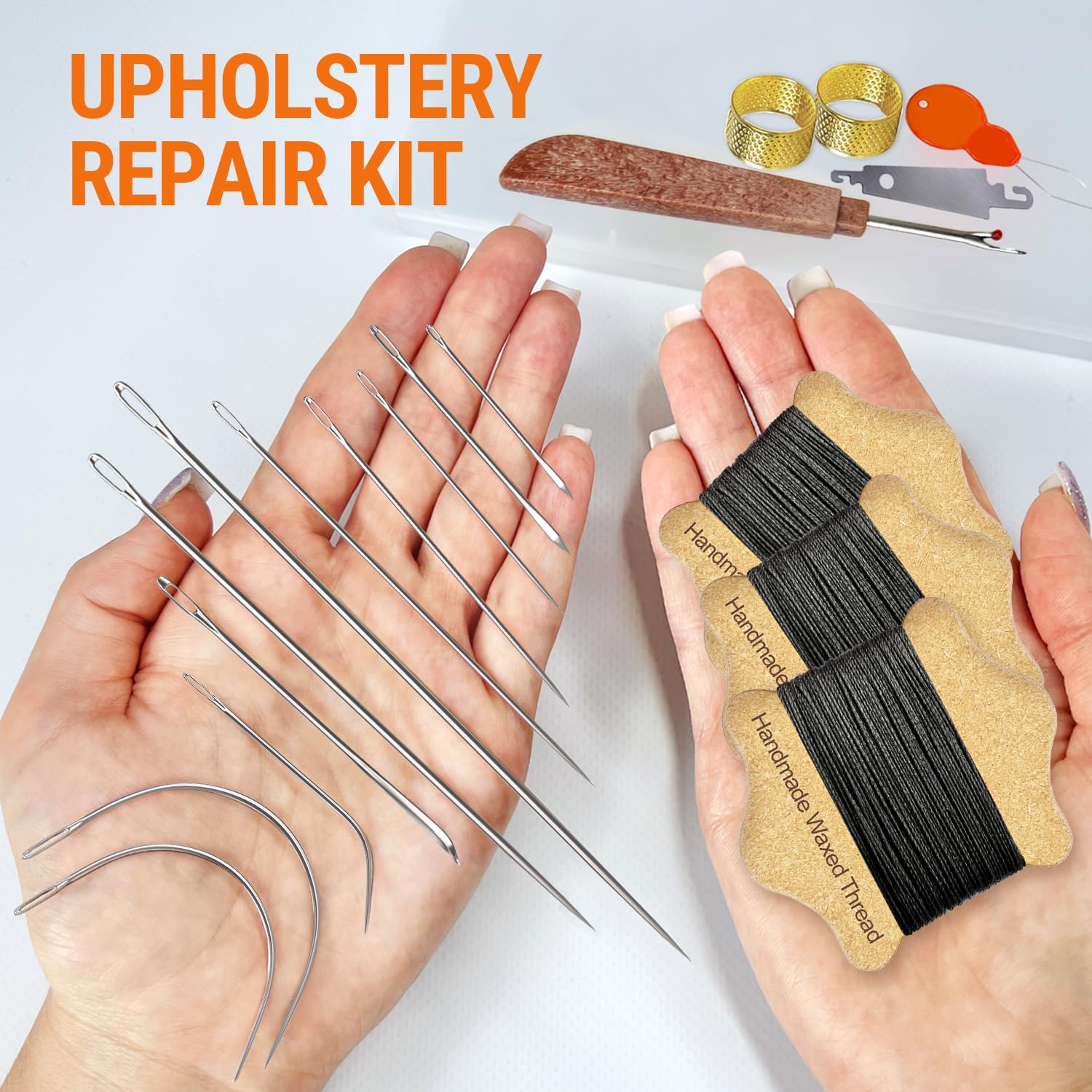VONEEDL Kit de reparación de tapicería: hilo de coser encerado (3 rollos, color negro) y agujas resistentes (11 piezas) para cuero, lona e hilo de acolchado