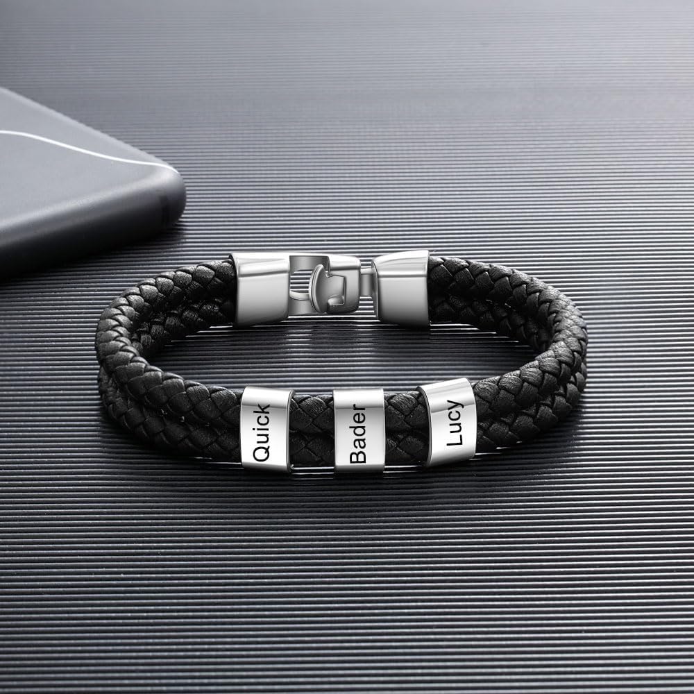 Customized Men's Bracelet with 1-8 Names Personalized Bracelet for Men Braid Leather Bracelet with Family Names Fathers Gifts for Dad Men Grandpa