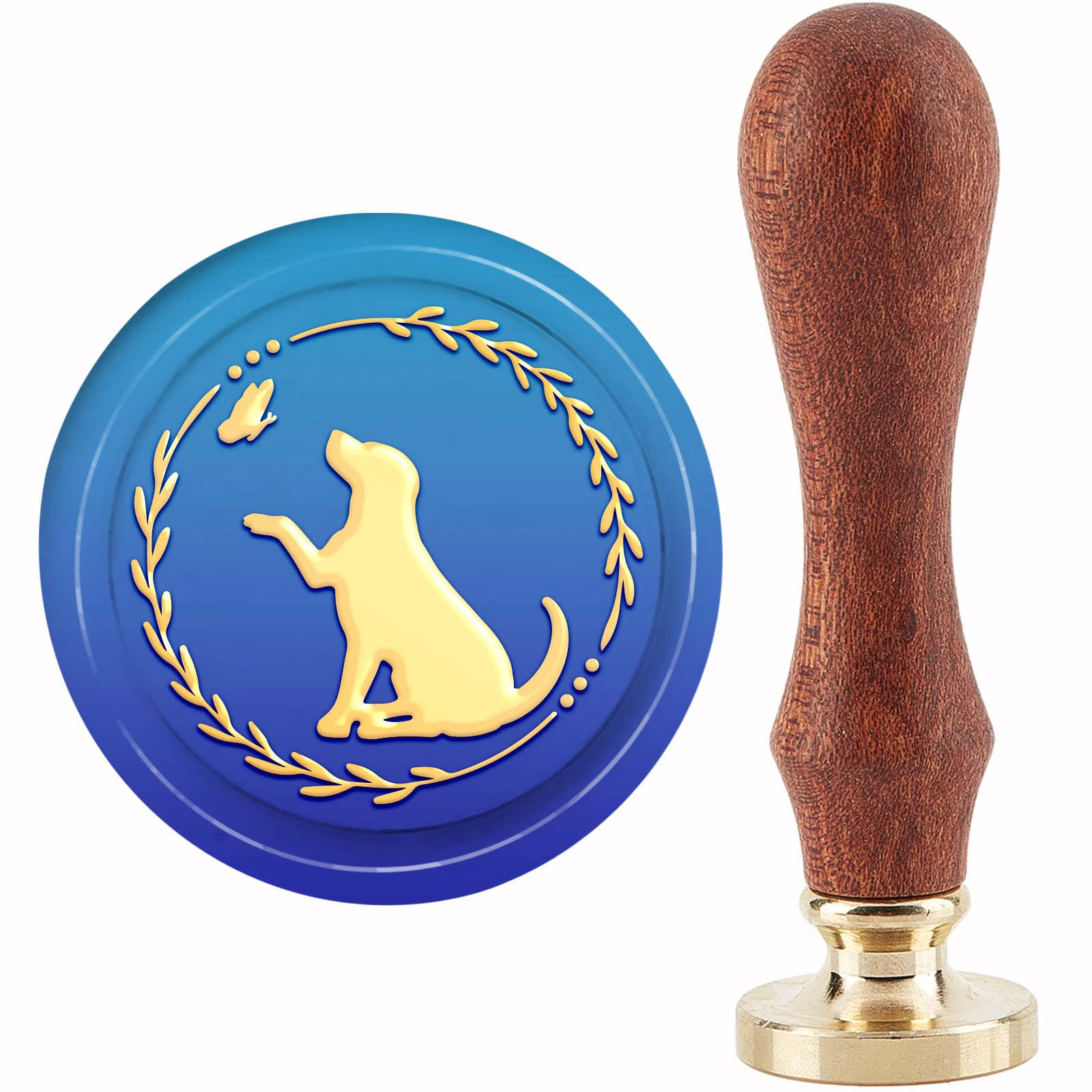 CRASPIRE Dog Butterfly Wax Seal Stamp Puppy Wreath Removable Brass Sealing Stamps Heads 30mm with Vintage Wooden Handle for DIY Envelopes Letter Invitations Card Wedding Birthday Holiday Decor