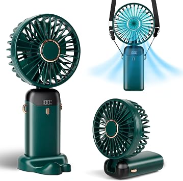 Portable Handheld Fan, 12 hours, Upgrade 3200mAh Mini Fan Handheld with LED Display, 90 Foldable, 5 Speed Wind,Hand Held/Neck/Desk 3 in 1 Hand Held Fans, Makeup Fans for Women Green
