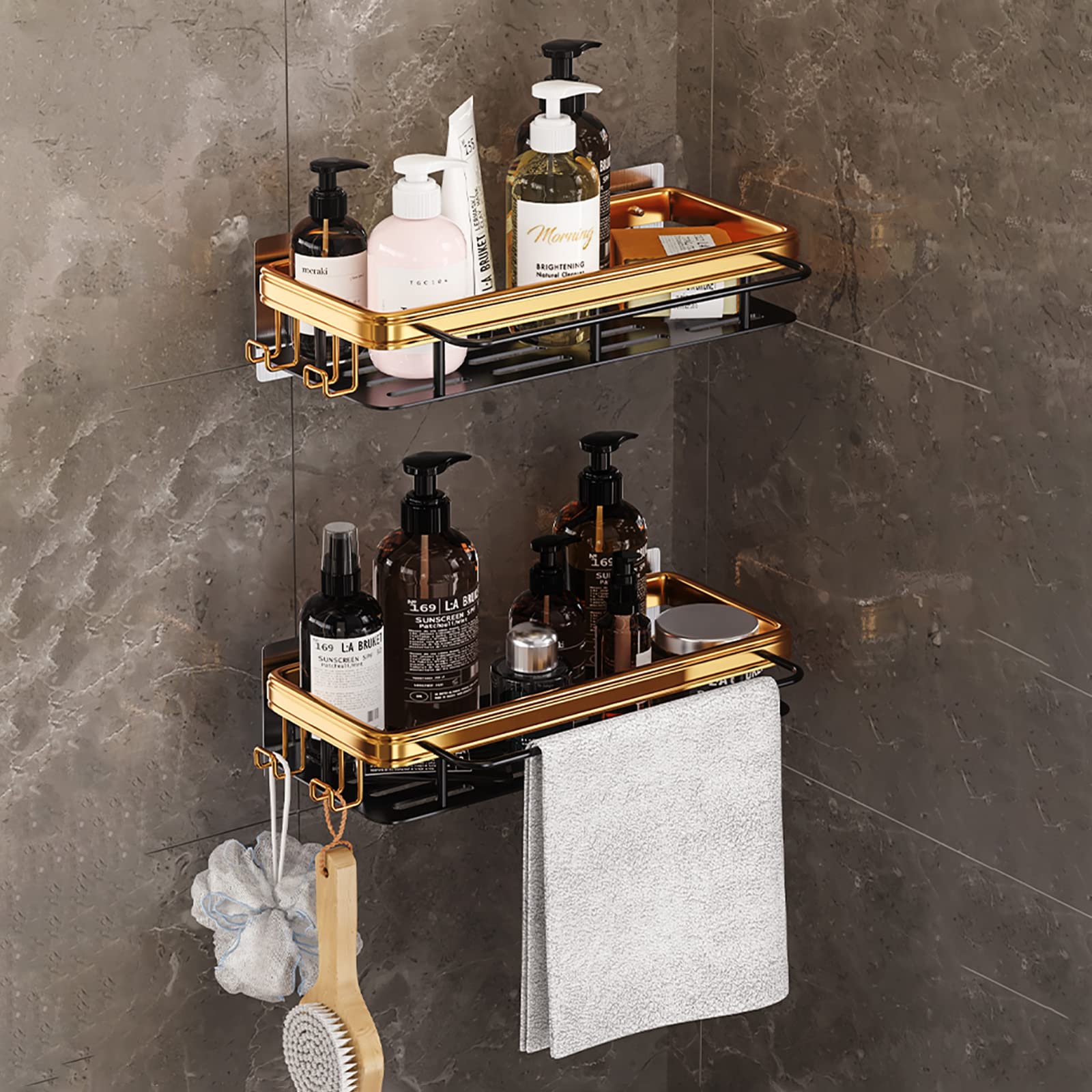 Étagère de salle de bain au-dessus des toilettes en aluminium doré (lot de 2)