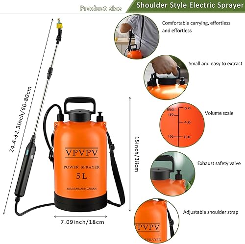 Miniatura 4 de VPVPV Pulverizador portátil con batería de 1.35 galones de 5L, pulverizador de presión de bomba, rociador eléctrico, rociador de jardín, rociador de
