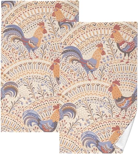 ALAZA Bath Towels Set of 2 Hand Towels for Bathroom 100% Cotton Cute Roosters Beige Tribal Absorbent Soft 16×28 inch Decorative