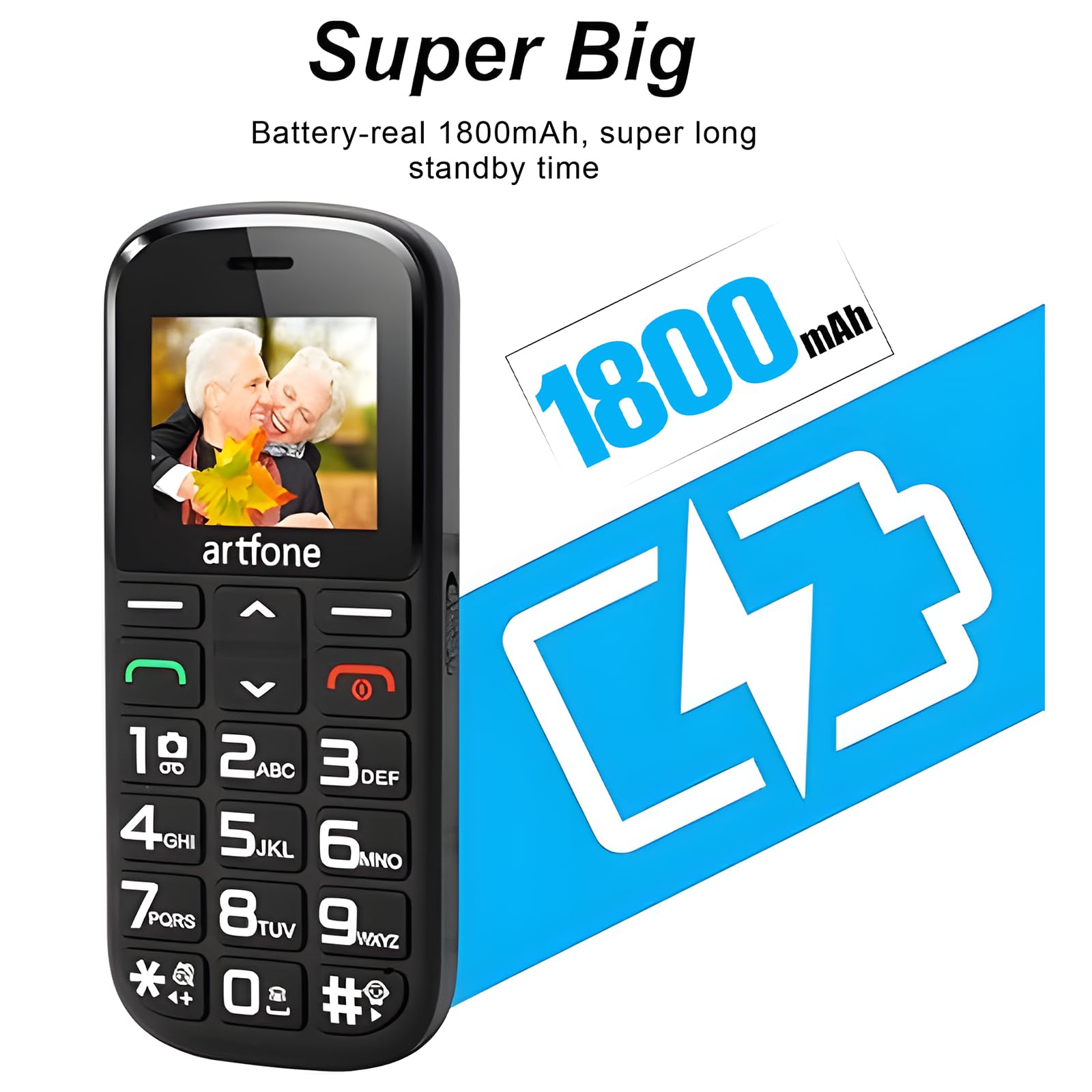 artfone Teléfonos Móviles para Mayores Mayores con SOS botón, CS182 Senior, Fácil de Usar Celular para Ancianos con Negro