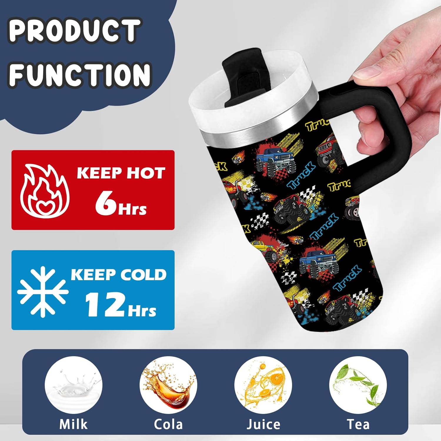 Monster Truck Tumbler Gifts for Boys - 14 oz Kids Tumbler with Handle & Lid, Stainless Steel Insulated Travel Mug, Featuring Monster Truck Designs, for School, Travel, Children's Birthday Gift (1pc) - Image 4