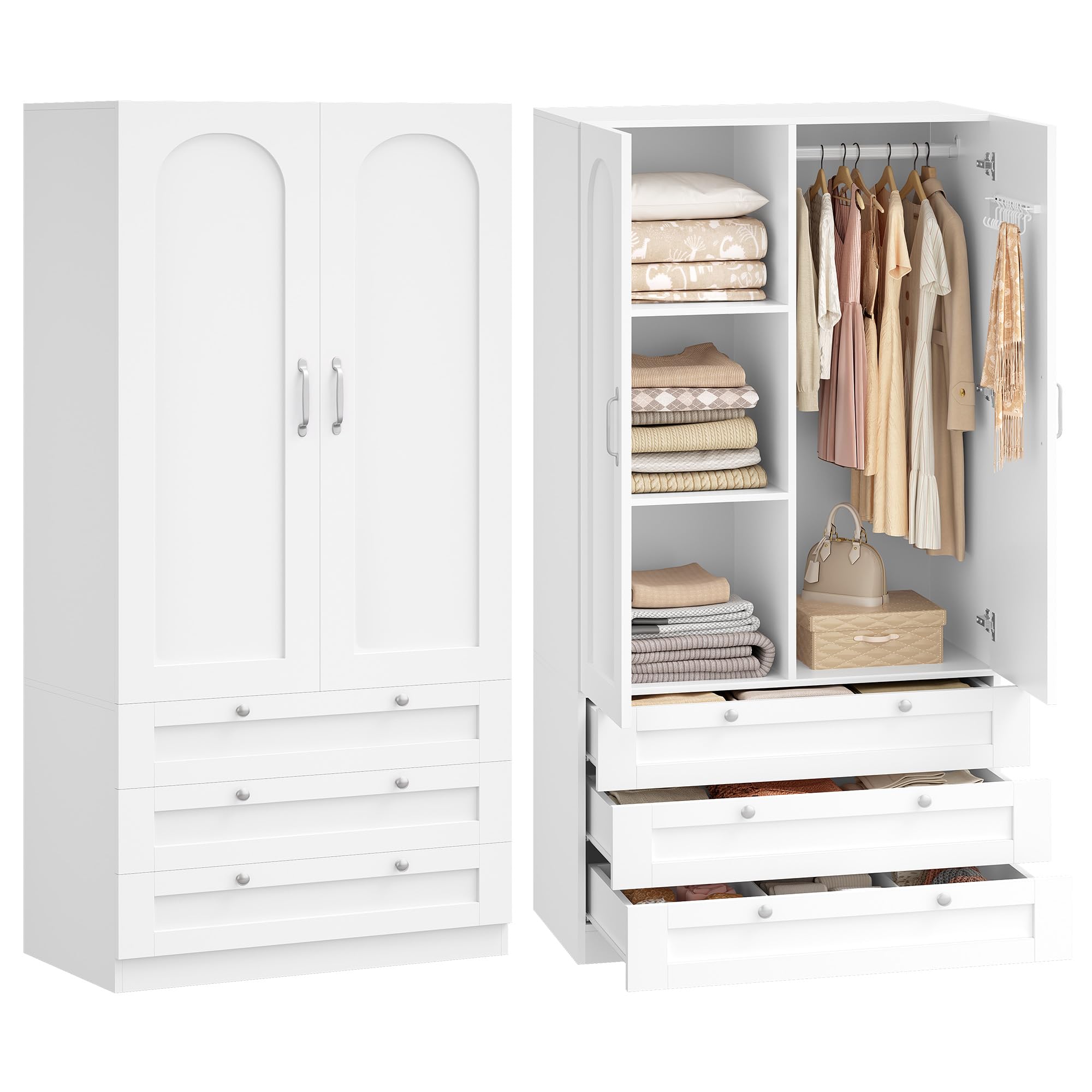 Hzuaneri Kleiderschrank 180 cm, Kleiderschrank mit 2 Türen und 3 Schubladen, Drehtürenschrank mit 2 Ablagefächern und Kleiderstange，Geeignet für Schlafzimmer, Weiß, BW08803E