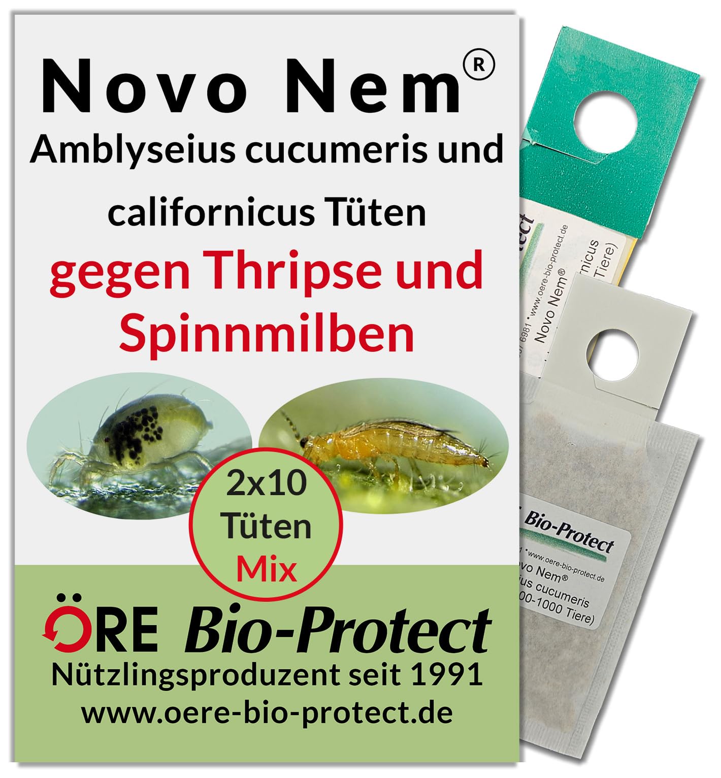 Novo Nem® Raubmilben Kombipack – 2 x 10 Tüten für 10-20 Pflanzen gegen Thripse und Spinnmilben an Zierpflanzen oder Gemüse, biologisch und umweltfreundlich