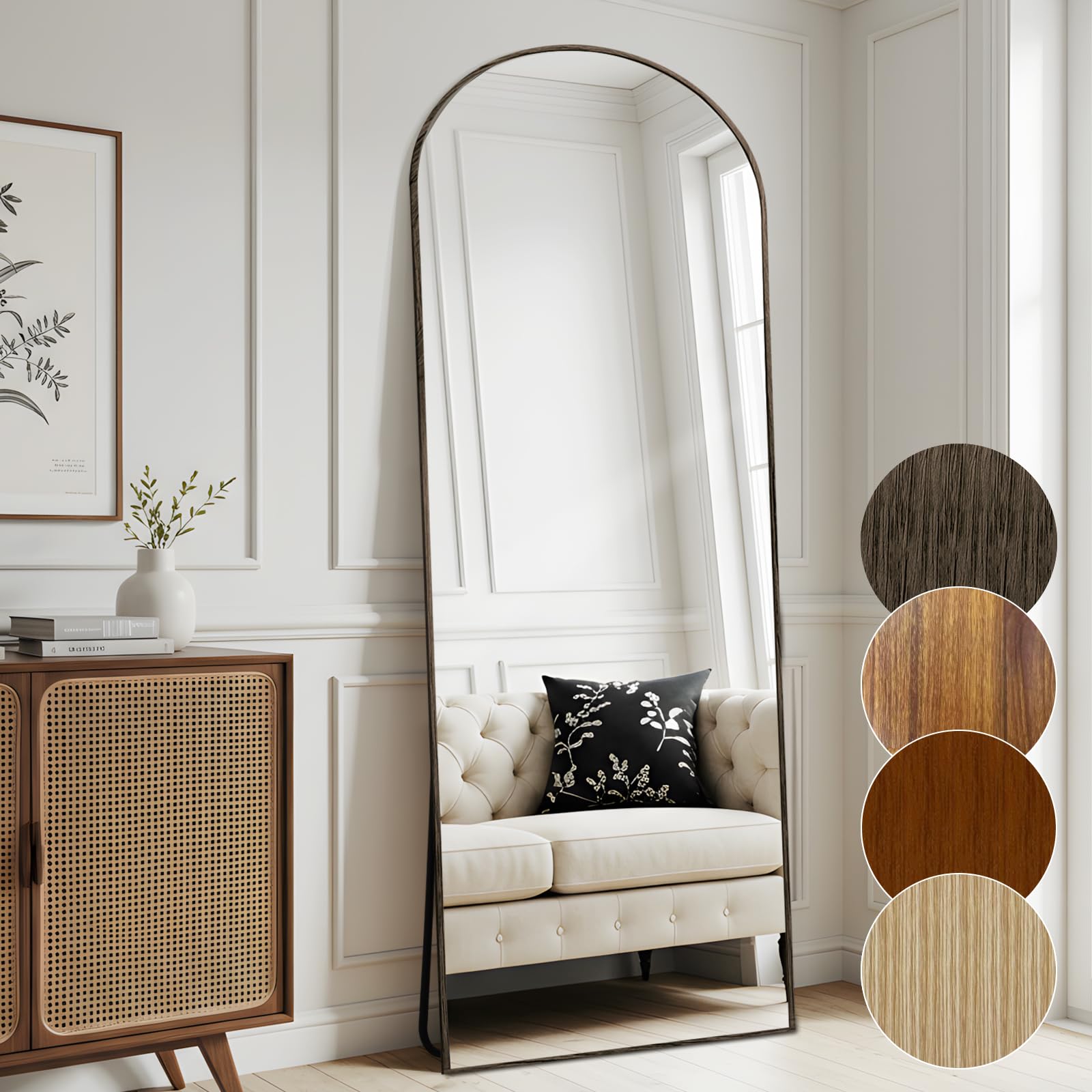 Melodieux 180 x 76 cm Ebony Wood Arched Mirror - Aluminium Frame with Wood Look, Freestanding Hanging Wall Mounted Full Length Dressing Mirror for Living Room, Bedroom