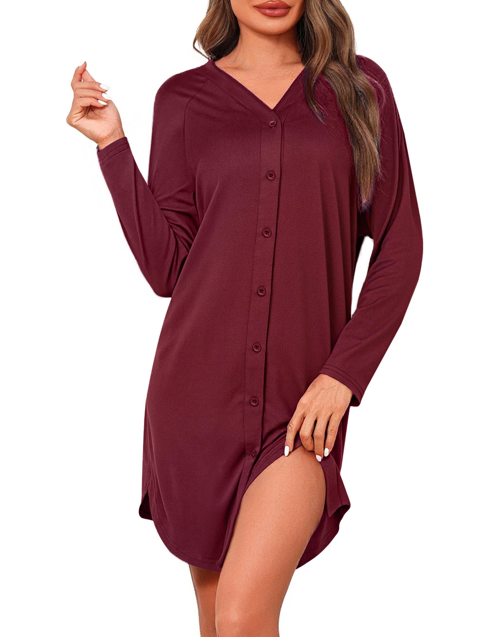 Crewhpo Nachthemd Damen Langarm Baumwolle mit Knopfleiste | Weiches Angenehmes Material, Einfacher Zugang in der Nacht, Bequem beim Sitzen, für Ruhige Nächte, als Bequeme Loungewear