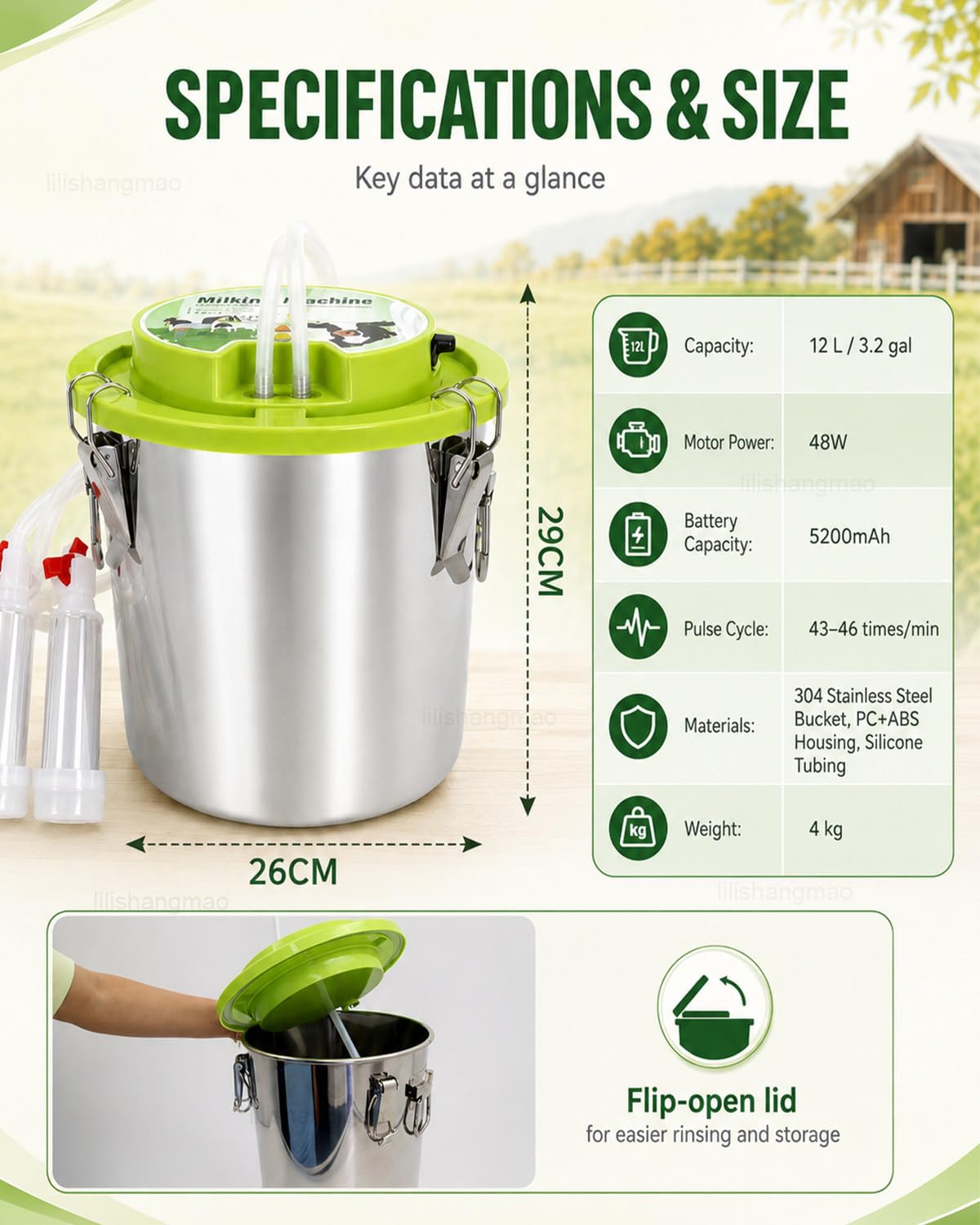 Máquina De Ordeño Eléctrica Portátil, Ordeñadora para Cabras con Cubo De Acero Inoxidable De 12 L, Motor De 48 W, Batería De 5200 mAh Y Pulsación Suave para Granjas Cow