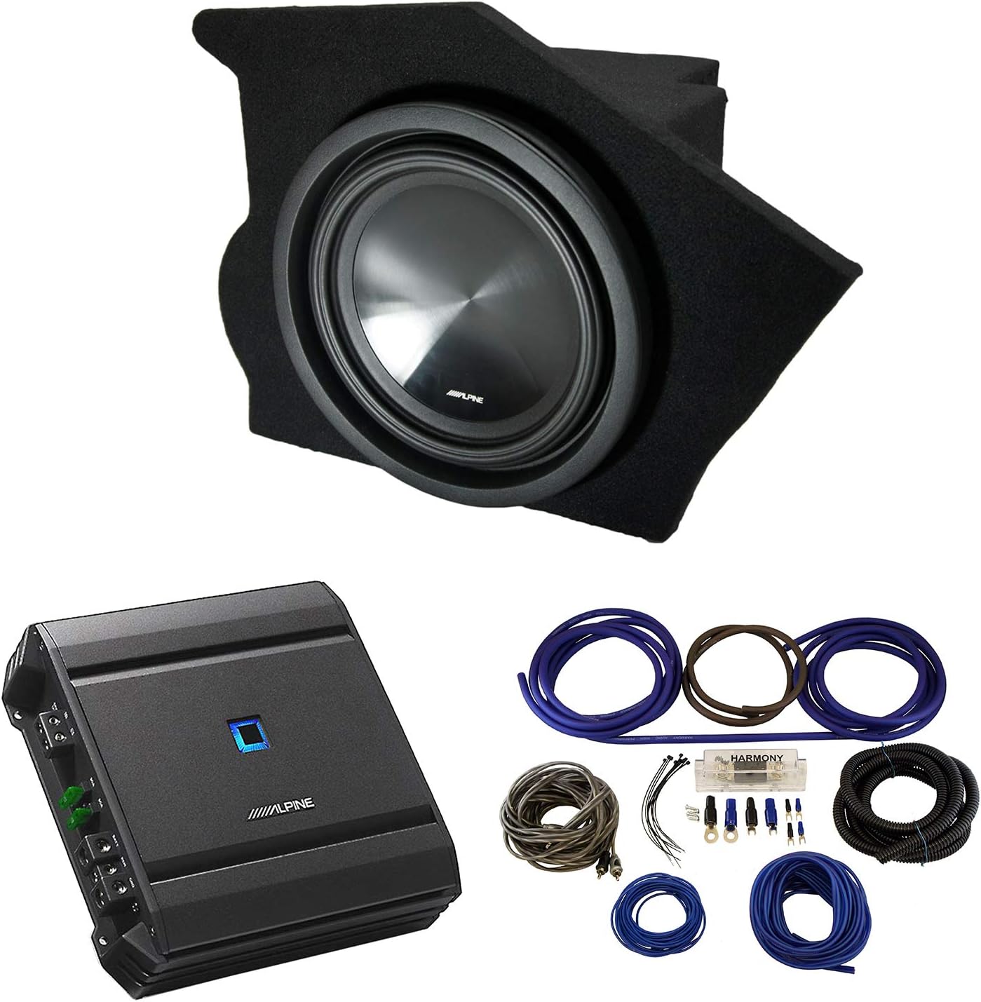 American Sound Connection Alpine SWT-10S2 Bundle Compatible with Chevy Camaro 1993-2002 Coupe Driver Side 10" Sub Box Enclosure with S-A60M Amplifier & 4GA Amp Kit