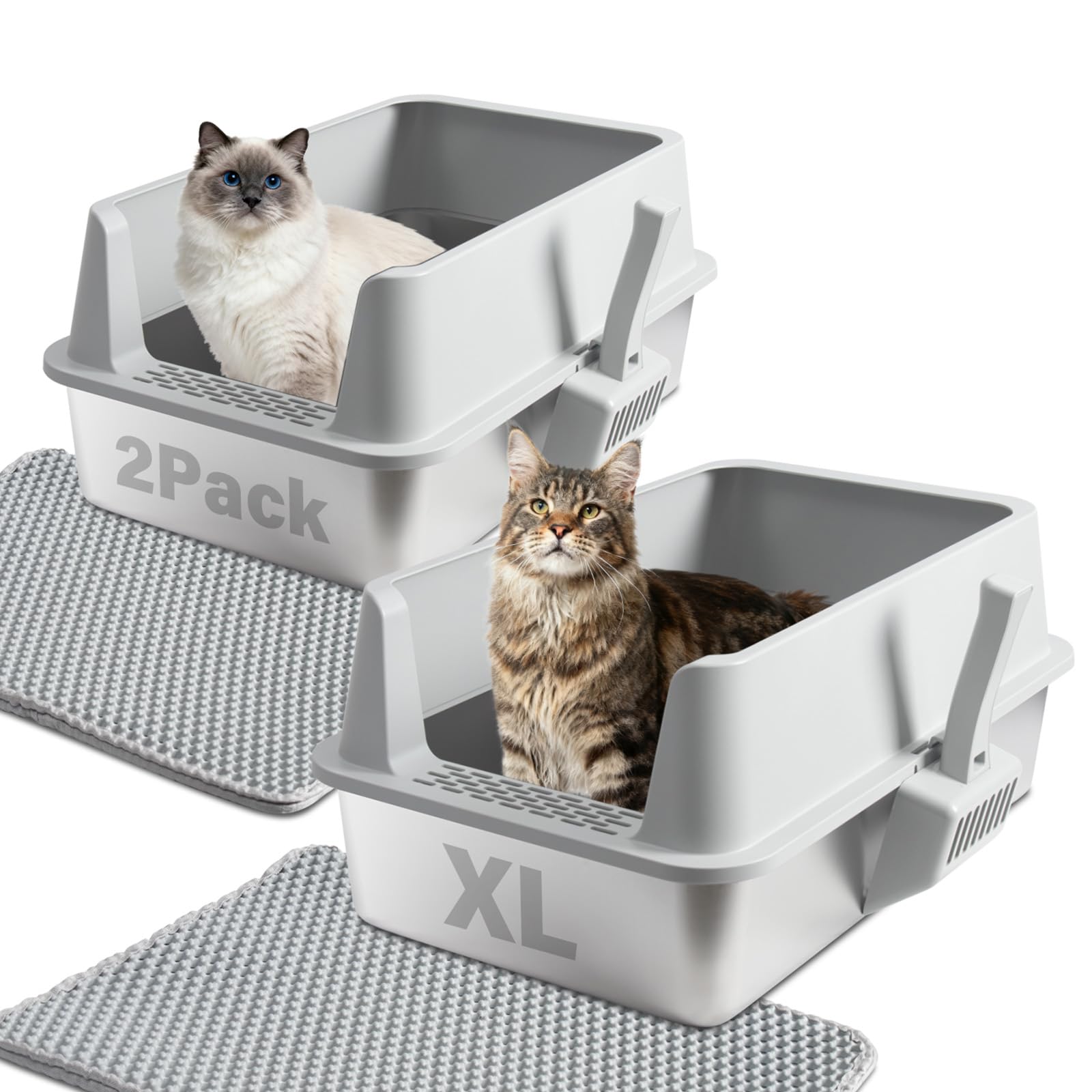 Stainless Steel Cat Litter Box with Lid, 2 Pack XL Metal Litter Box Stainless Steel with Mat & Scoop, Odor-Free/Anti-Leakage & Non-Stick, High-Sided Litter Box for Multiple Big Cats(XL/Grey)