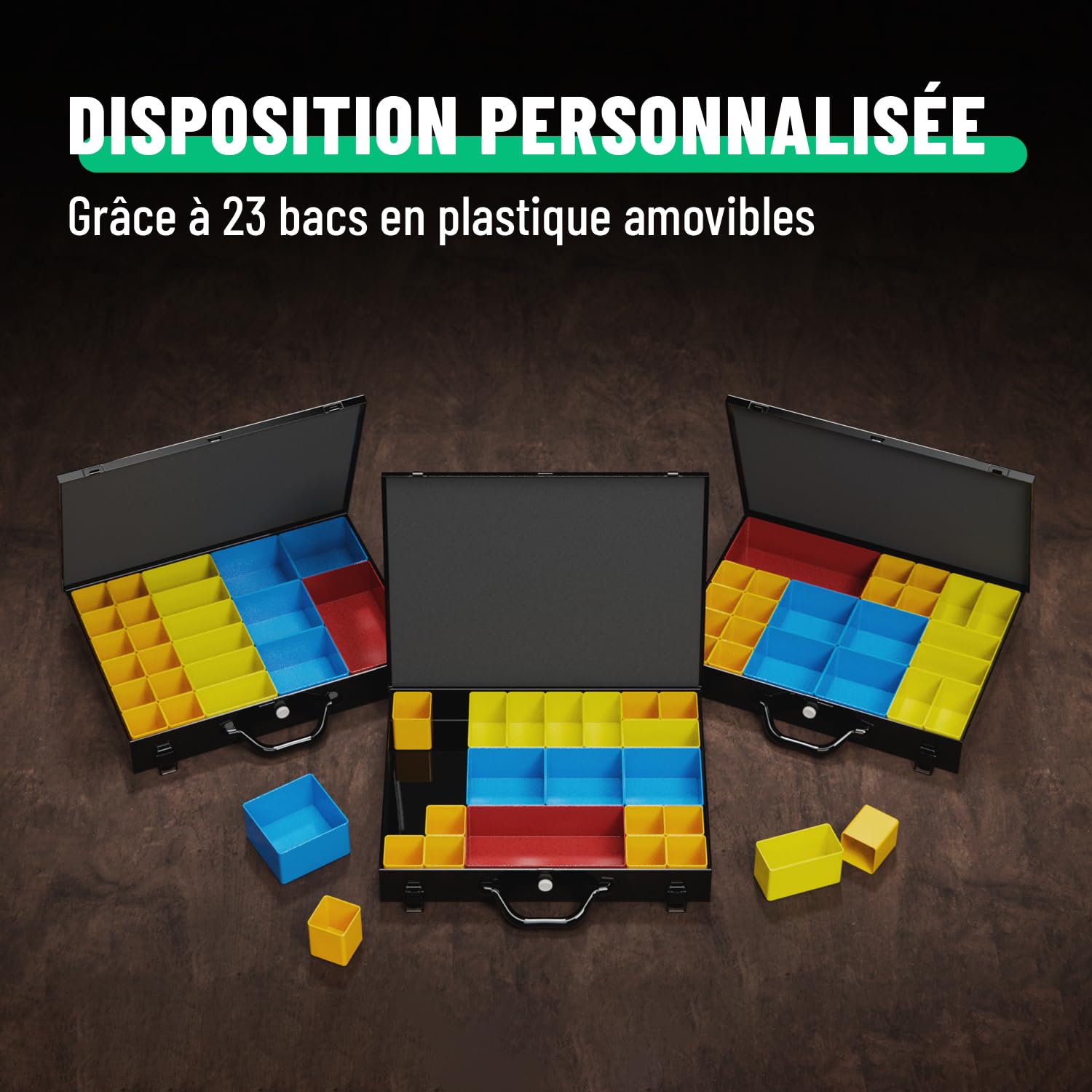 greate Boîte de Rangement visserie métal avec 23 bacs Amovibles | Valise Vide pour Petites pièces - Mallette de tri métallique comme Boîte à vis - Organisateur