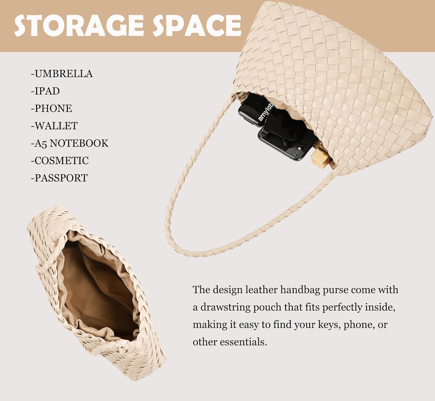 YLYYHH Leather Basket Woven Handbag, Vegan Leather Shoulder Cute Hobo Purse - Image 6