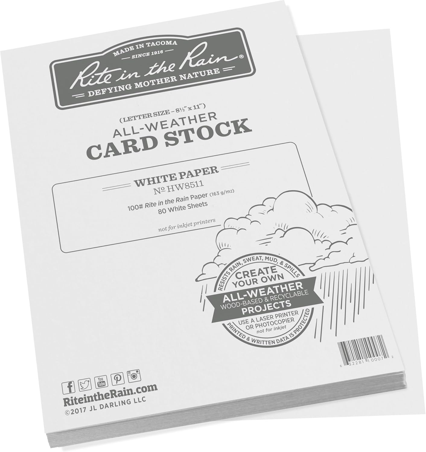 Rite in the Rain Weatherproof Card Stock, 8.5" x 11", 100# White, 80 Sheet Pack (No. HW8511)