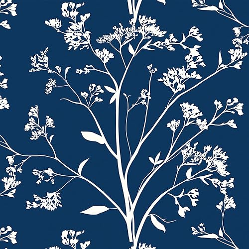 Hopepak Papel tapiz floral de 17.3 x 394 pulgadas, papel tapiz autoadhesivo floral azul y blanco, papel de contacto floral, bohemio, extraíble, para
