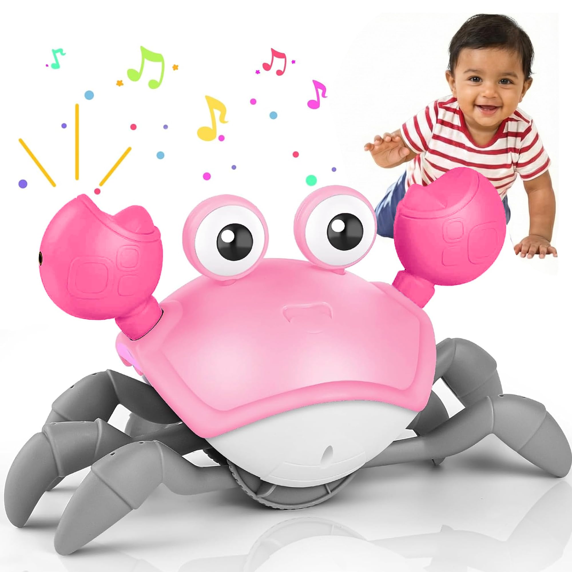 Crawling Crab Baby Musical Kids Toy with Led Lights & Rechargeable Battery|Interactive Early Learning and Entertainment Toys for Kids Toddlers & Infants|Tummy Time Dancing Toys,Pink