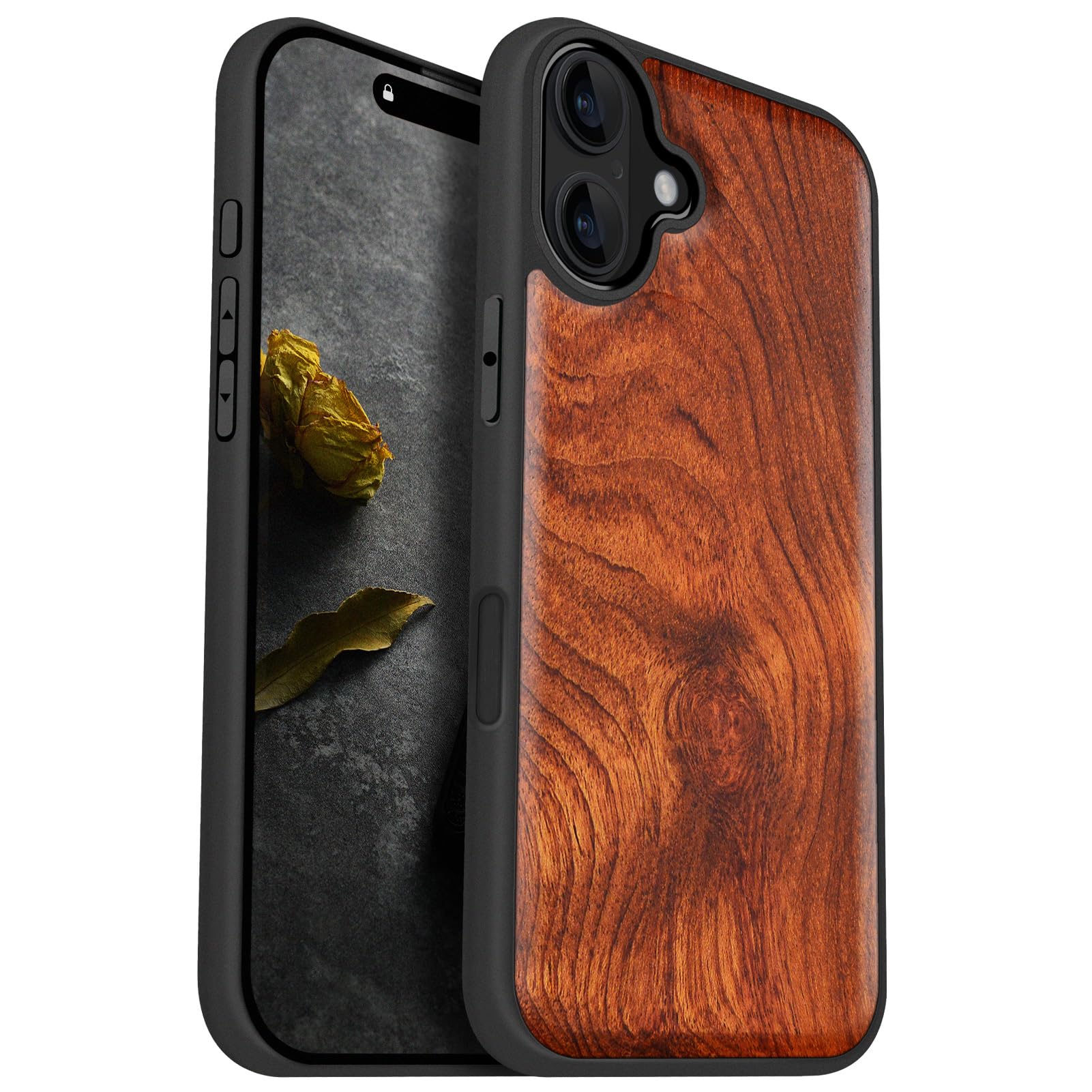 Carveit Magnetic Wooden Case for iPhone 16 Plus Case, Solid Wood & Black Soft TPU Shockproof Cover, Compatible with MagSafe Wireless Chargers (Natural