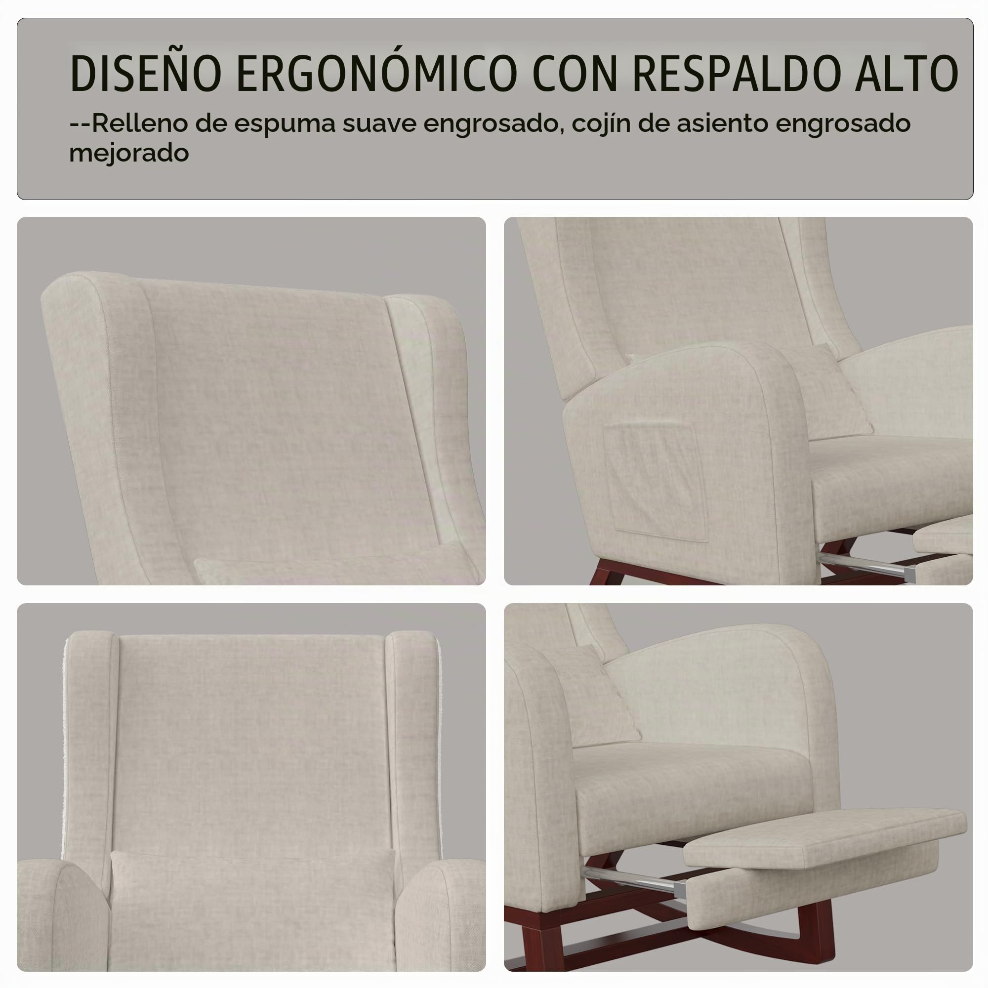 Mecedora con reposapiés, mecedora de enfermería con patas de madera maciza, 2 bolsillos laterales y 1 cojín lumbar, mecedora acolchada (beige)
