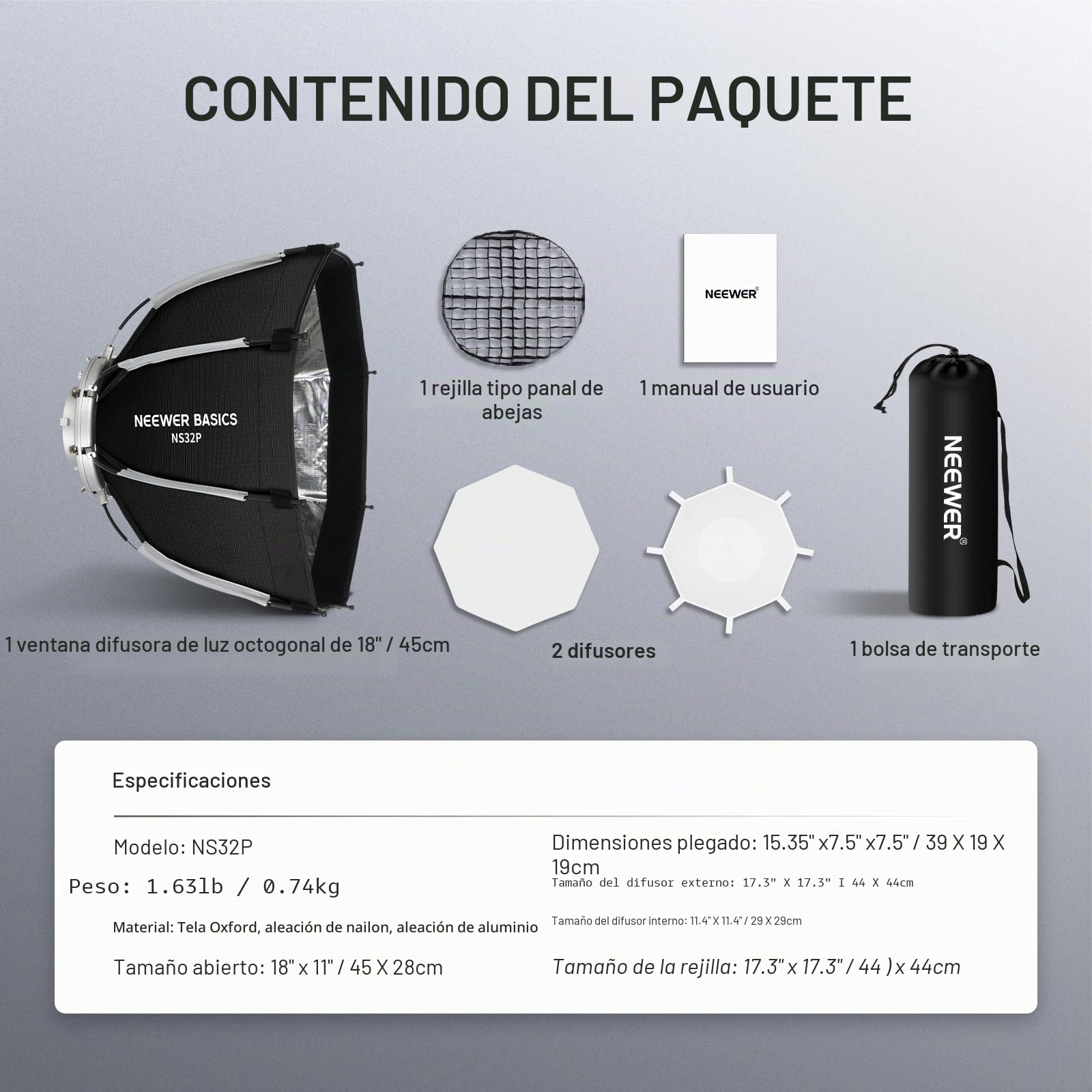 NEEWER BÁSICO Softbox Octagonal Kit para Fotografía Estudio Grabación Video Streaming, 18"/45cm Montura Bowen Liberación Rápida Softbox/Grid/Difusores Luz/Bolsa para Flash Strobe Luz Continua, NS32P