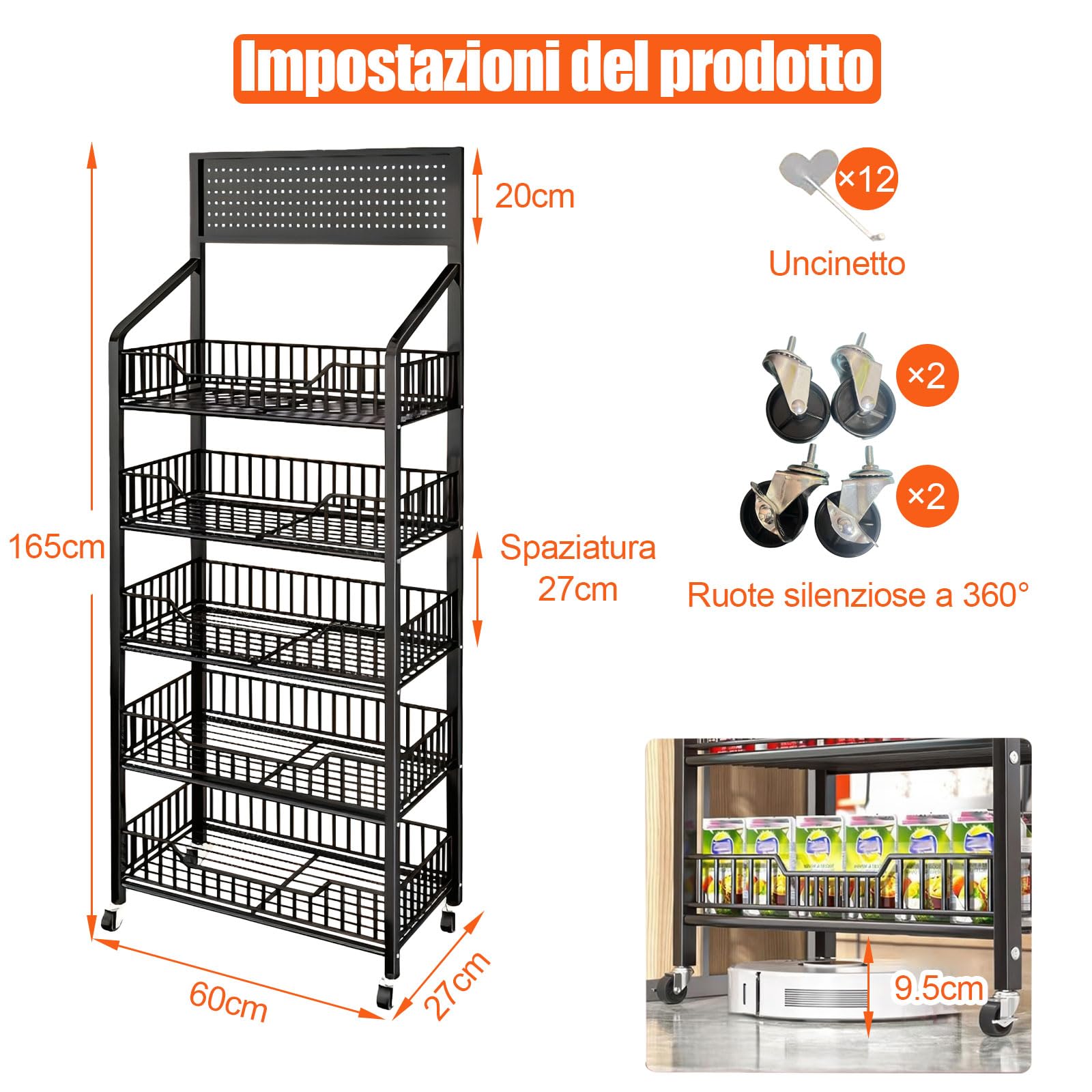 Espositore per snack da supermercato 5 ripiani, espositore per negozi nero indipendente con 12 ganci e 4 ruote, grande scaffale per snack in metallo per attività commerciali