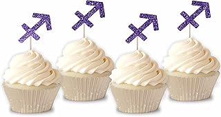 Glitter Zodiac Sagittarius Symbol Cupcake Toppers | Set of 12 Glitter Sagittarius Sign Cupcake Toppers | Birthday Party Treat Decoration (Purple)