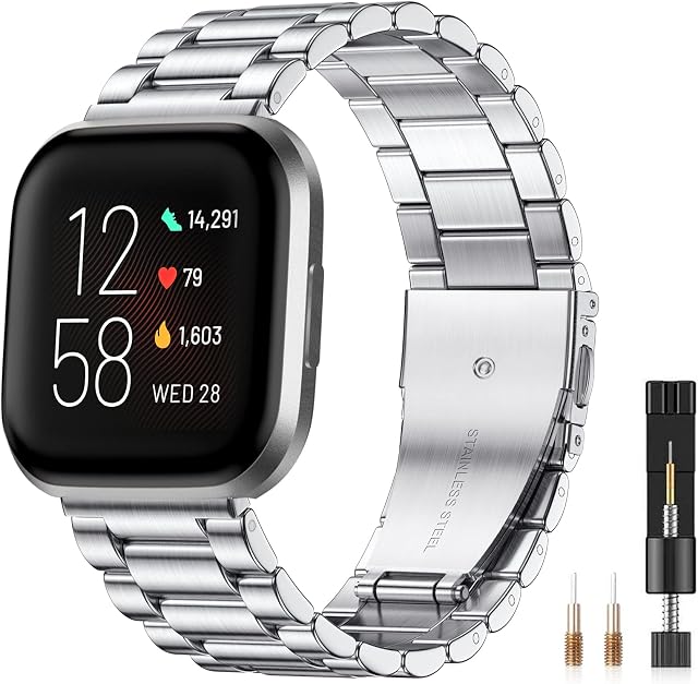CeMiKa Metal Strap Compatible with Fitbit Versa 2 Straps/Fitbit Versa Strap, Adjustable Stainless Steel Wristbands with Double Folding Clasp for Versa 2/Versa/Versa Lite Strap, Women Men