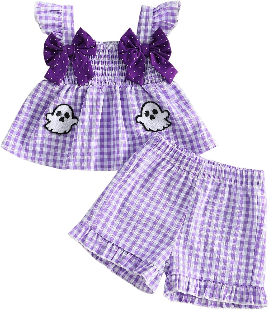 Halloween Toddler Girl Outfit Ruffle Shirt Tops Dress Shorts Set | Infant Pumpkin/Ghost/Bat Embroidered Plaid Tank Top Shorts Set,Cute Baby Girl Clothes,Lightweight, Ideal for Holiday Photos