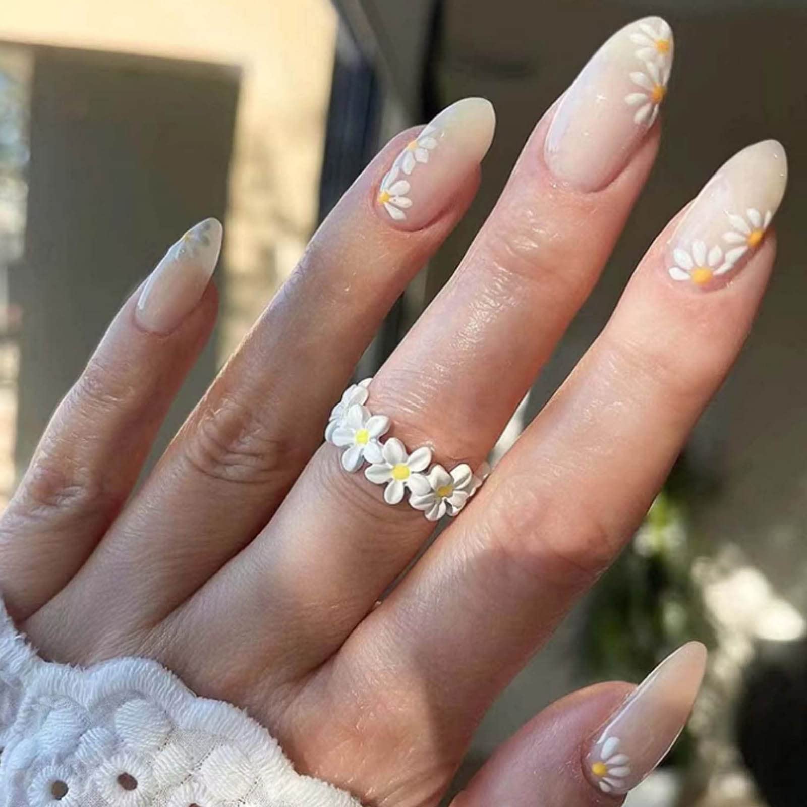 Hkanlre Press on Nails Medium White Fake Nails Almond Acrylic Flower False Nails Glossy Full Cover Nails for Women and Girls 24PCS